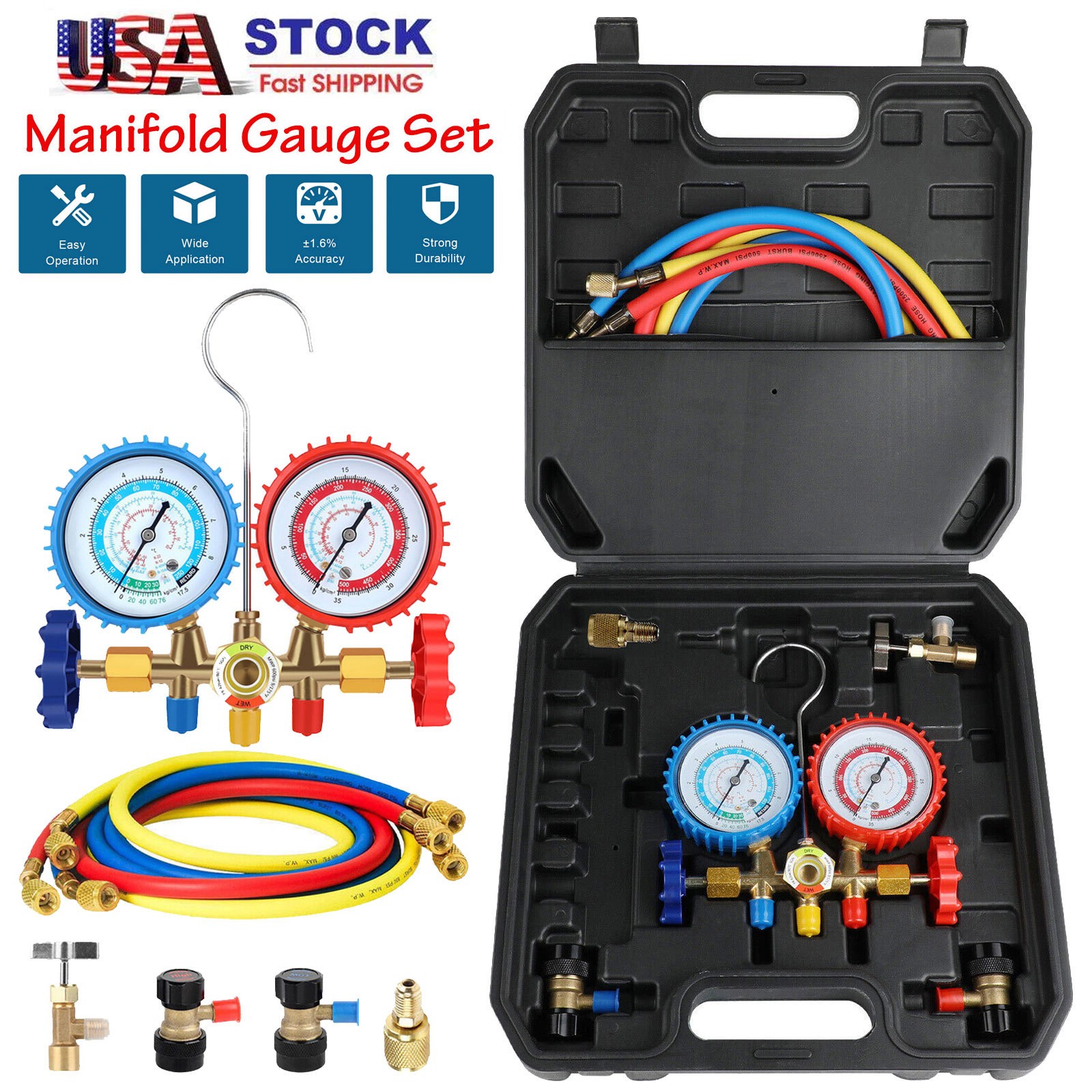 HVAC AC 3‑Way Manifold Gauge Set w/ 5ft Hoses R1234yf R404a R134a Refrigeration