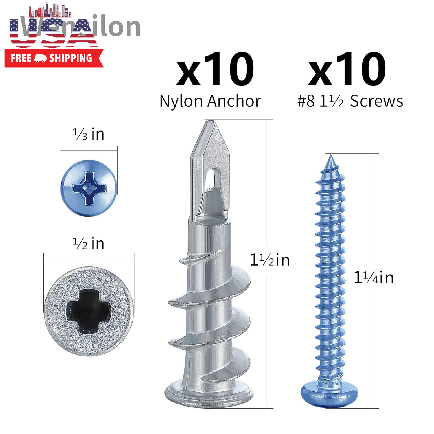 Self-Drilling Drywall Anchors Assortment Kit – 182 Pcs for Concrete, Drywall,She