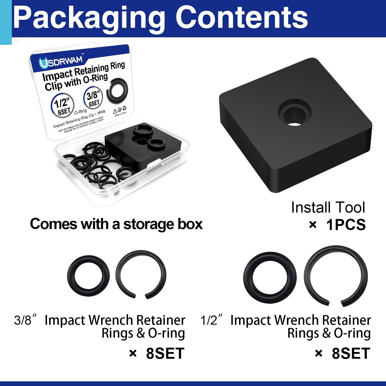 8 Sets 1/2″ and 8 Sets 3/8″ Impact Retaining Ring Clip with O-Ring Impact Fricti