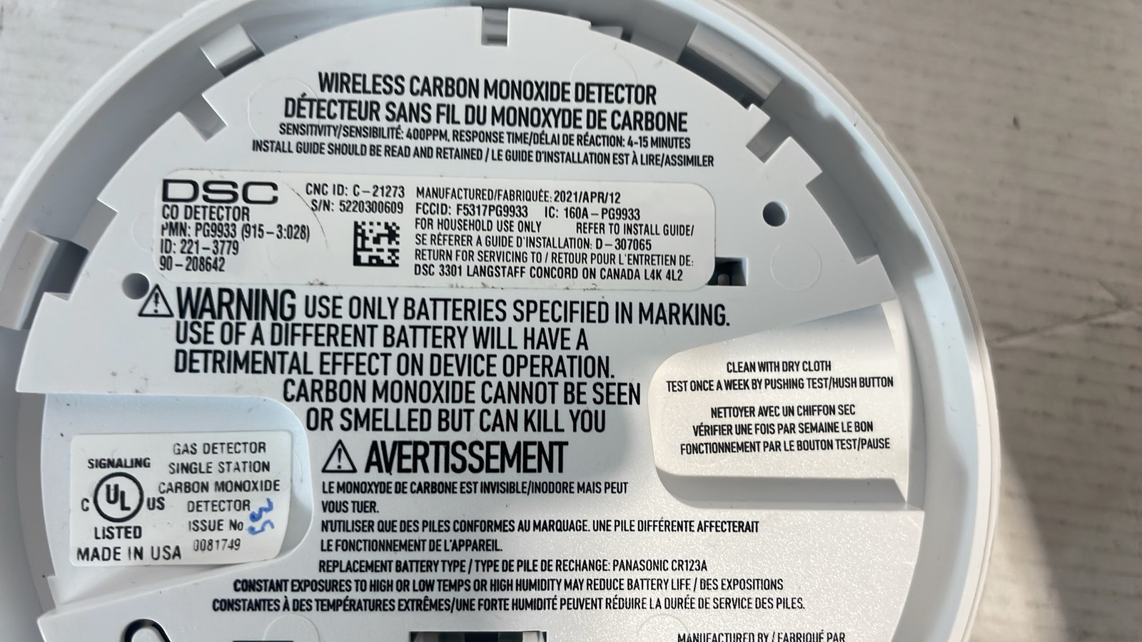 DSC Wireless Carbon Monoxide Detectors PG9933 WS4933 CO Alarms Lot Of 3