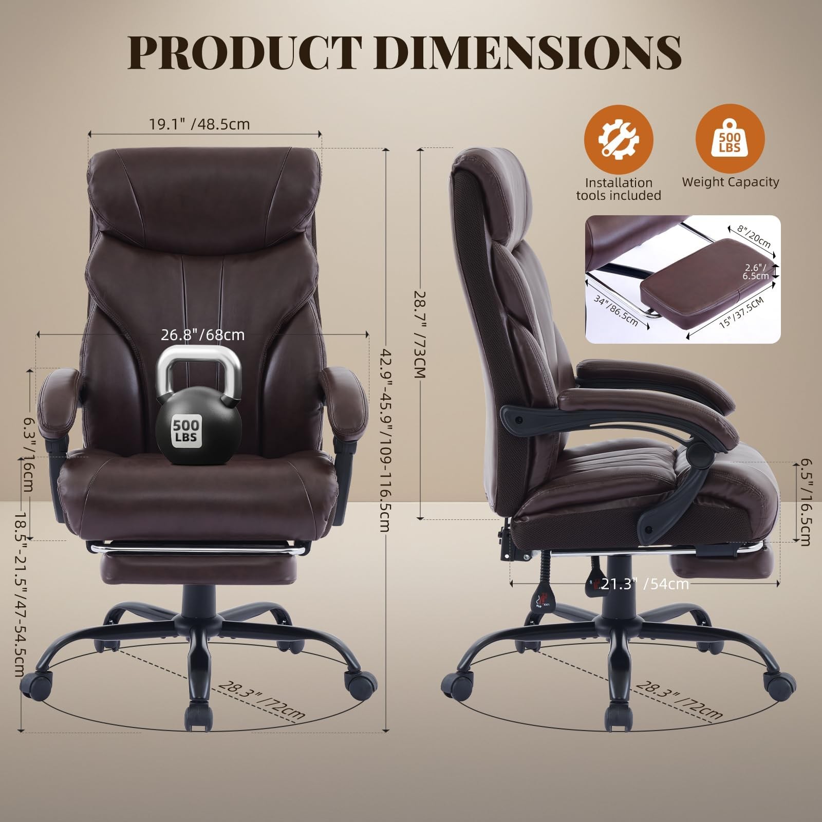 3 Soft Bags Ergonomic PU Tall Heavy Duty Executive Office Chair 500 LBS Brown