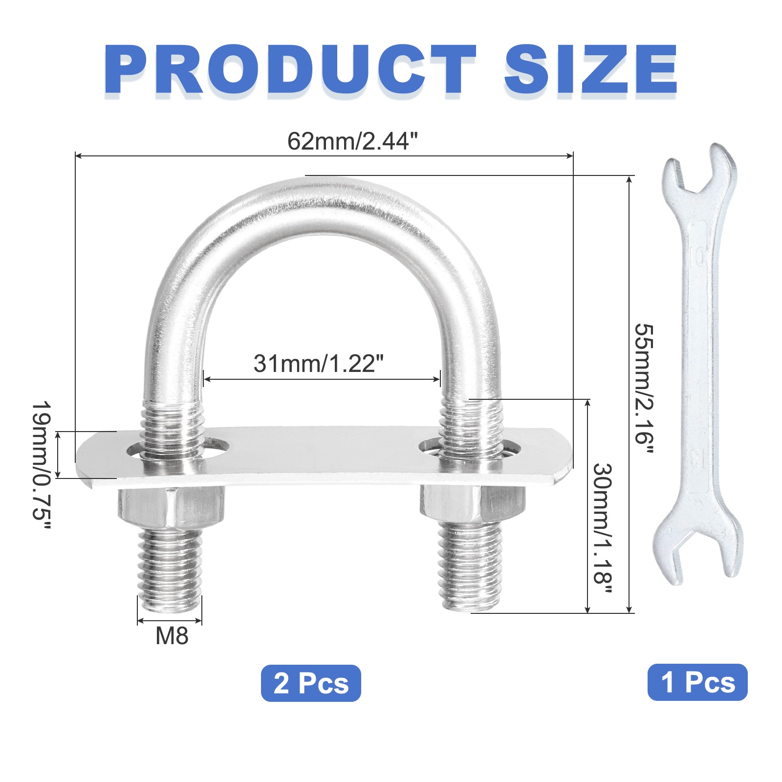 2Pcs M8 U-Bolts, Stainless Steel 1.22In(31mm) Inner Width 2.16In(55mm) Long