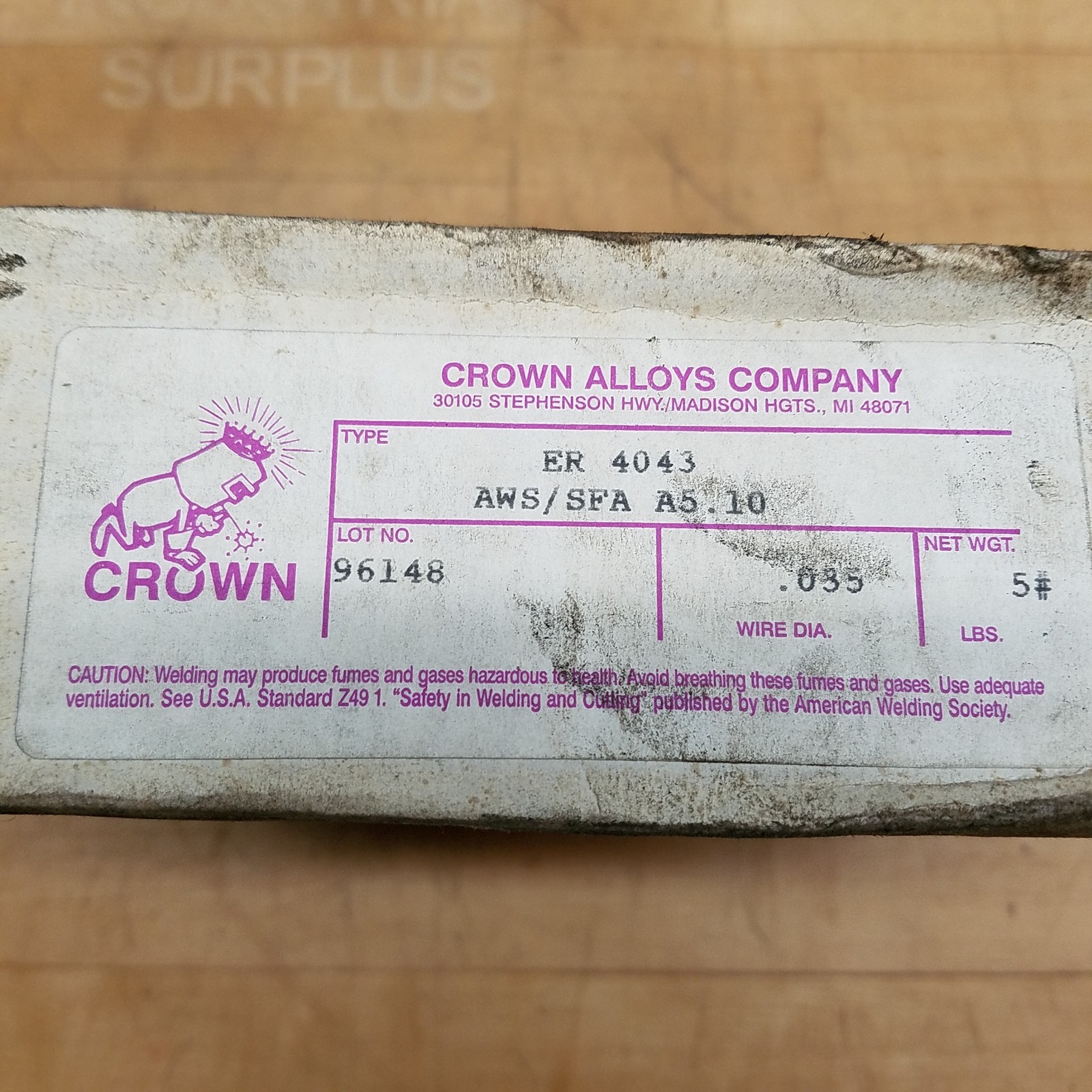 Crown ER 4043 Welding Wire, .035″ Diameter, AWS/SFA A5.10 – NEW