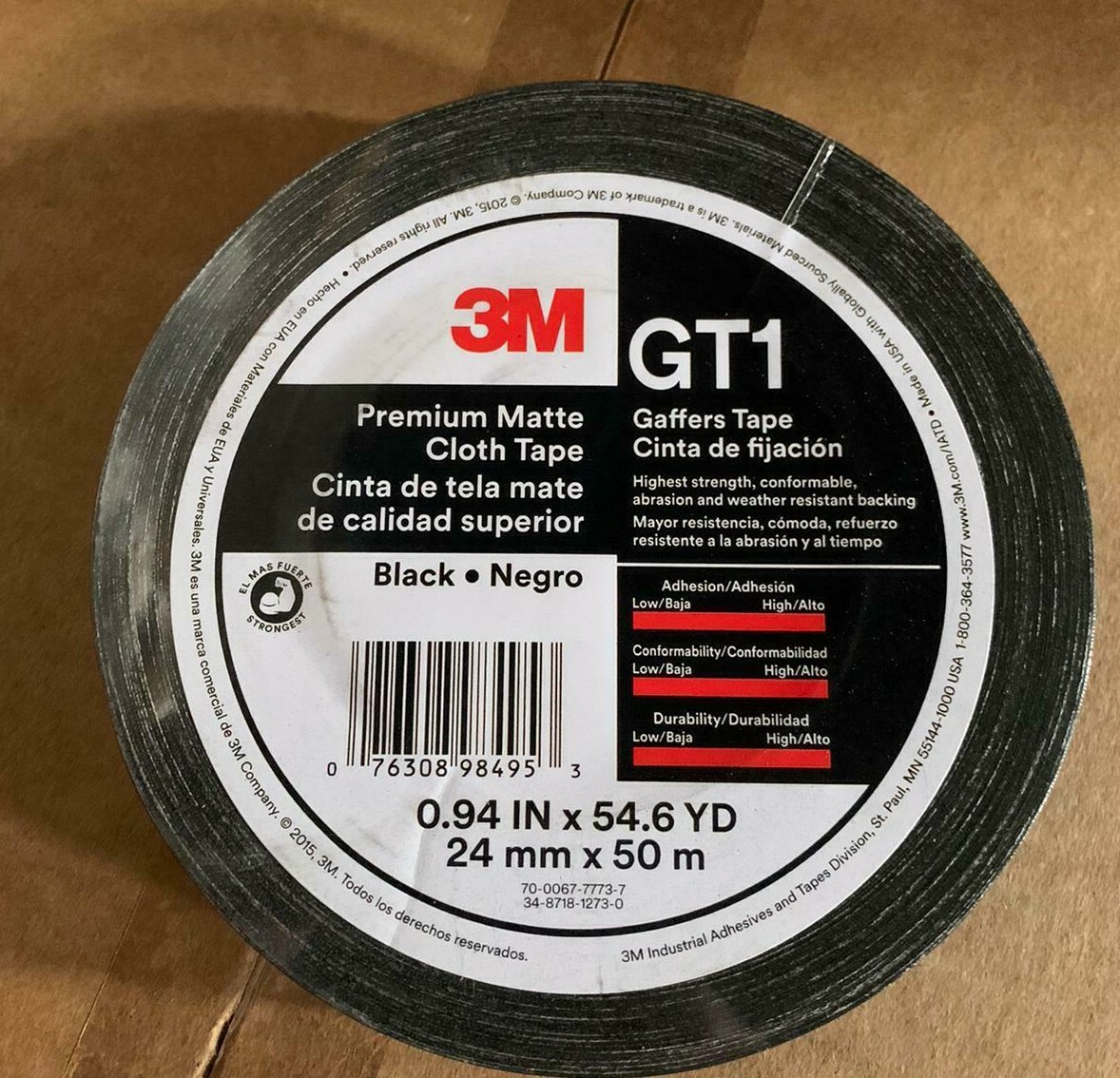 (1 ROLL) 3M Gaffers Black Tape 1″ x 54.6 YD GT1 Premium Matte Cloth – NEW