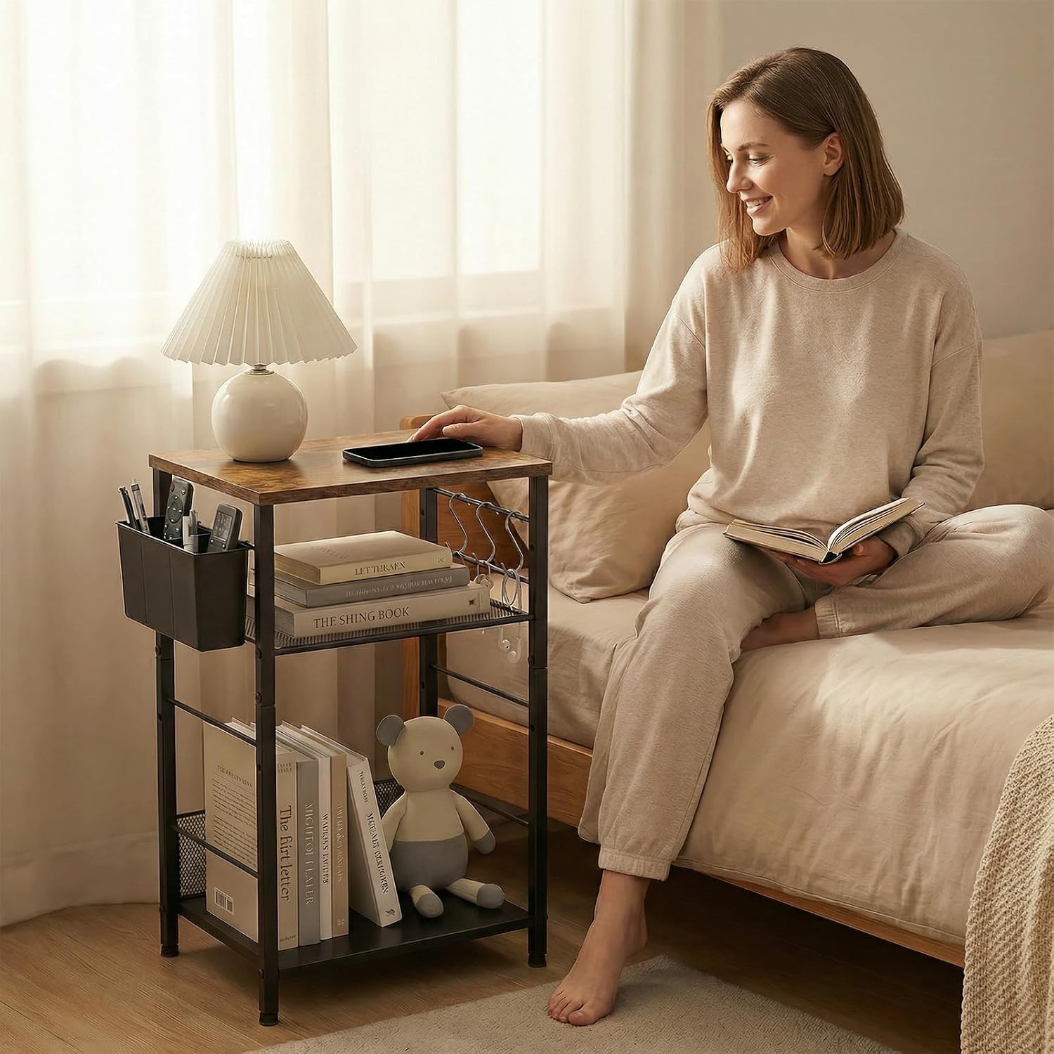 Adjustable 3-Tier Under Desk Printer Stand with Hooks & Basket