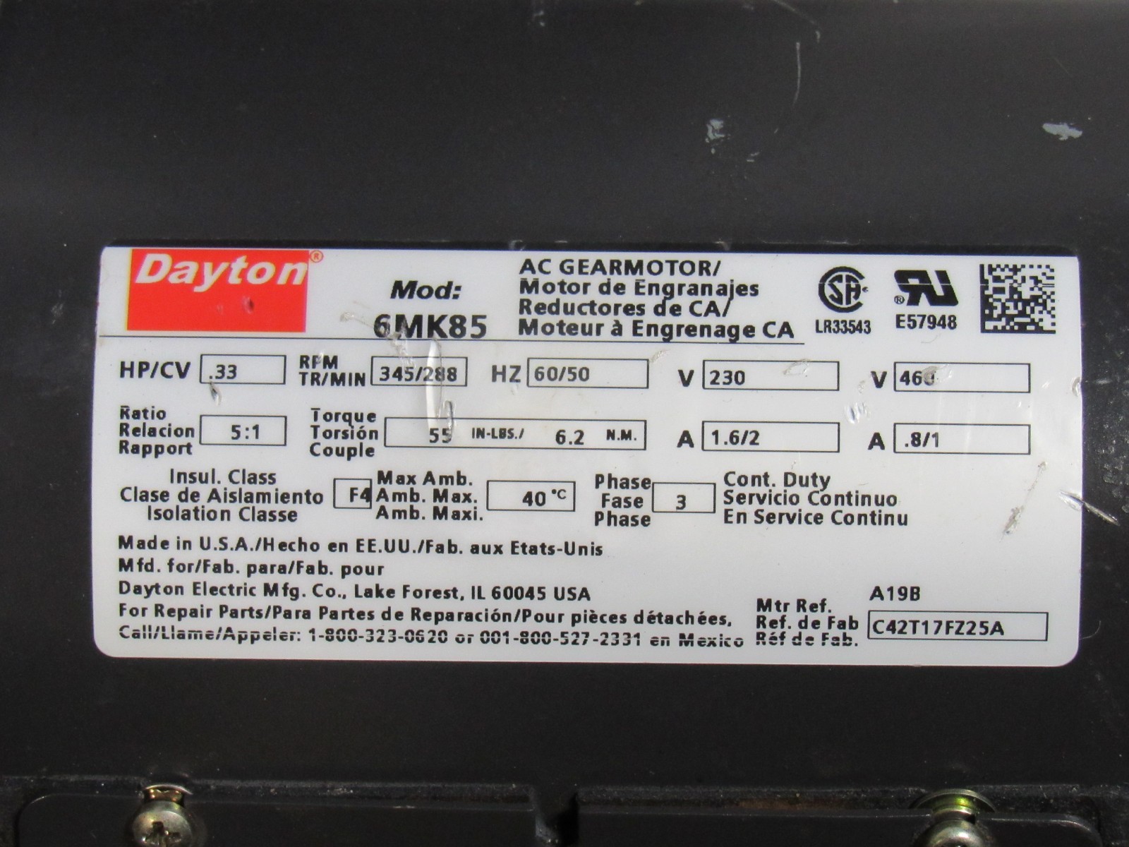 #4 Dayton 4M262J Condenser Fan Motor 1/3 Hp 208-230V 1Ph 825Rpm 48YZ Frame