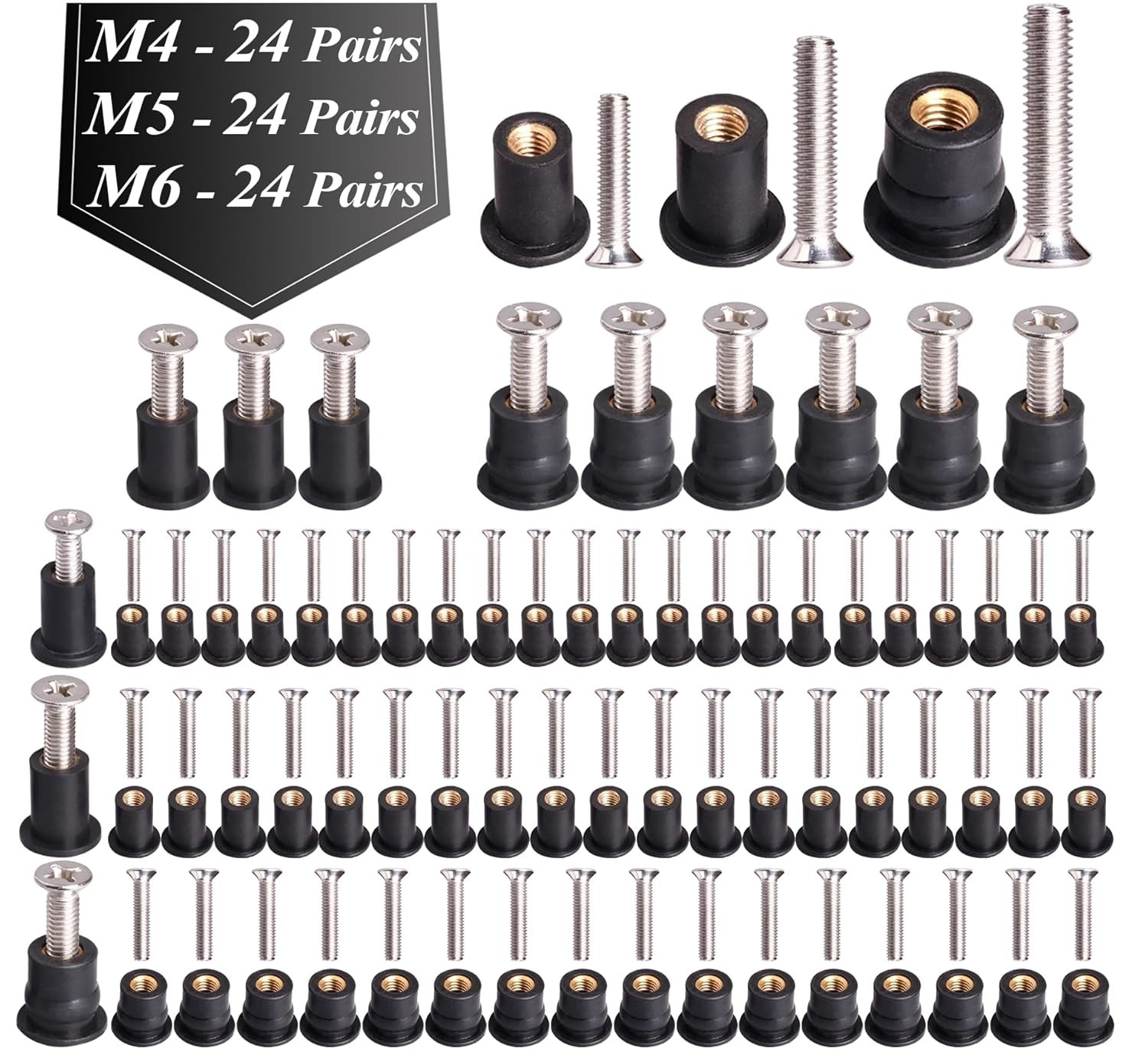 High Strength Rubber Well Nuts M4 M5 M6 – 72 Pairs with Durable Stainless Screws