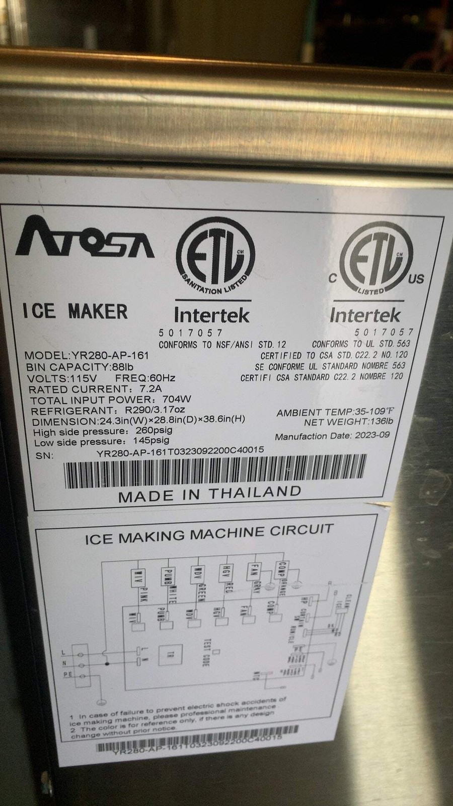 Atosa YR280-AP-161 Ice Maker 88 lb Bin Capacity 115V