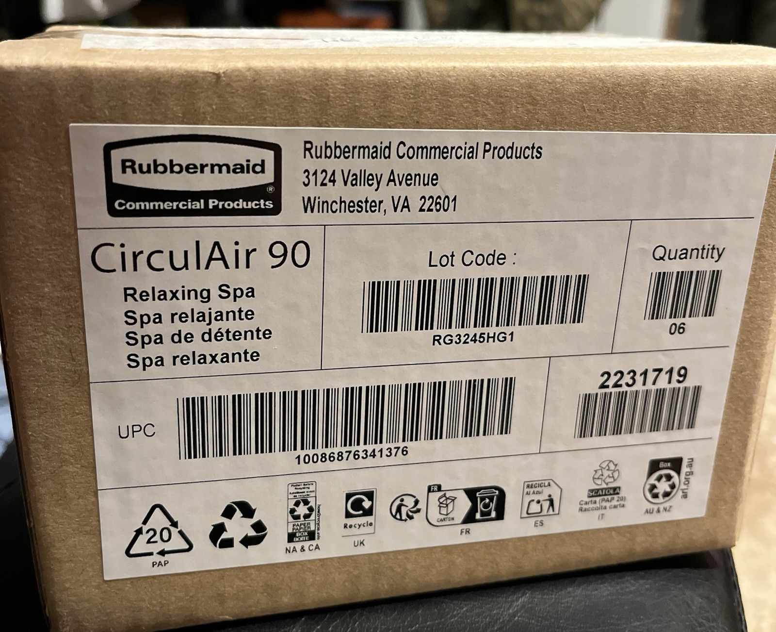 Rubbermaid Air Freshener 2231719 CirculAir 90 Care Refill Relaxing Spa CASE / 6