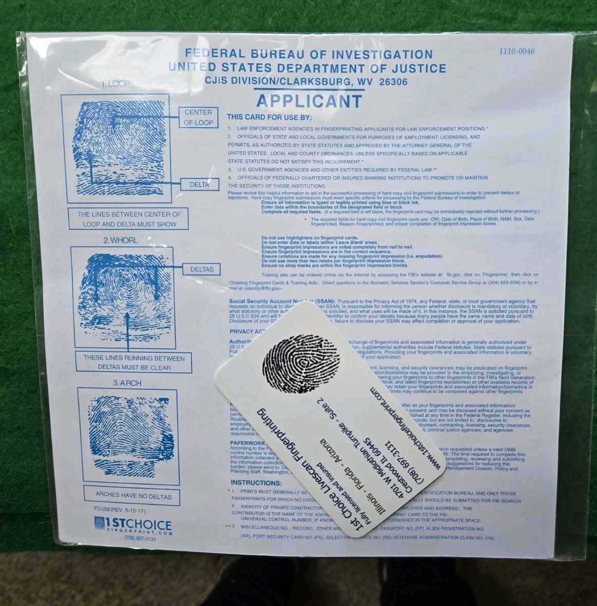 5 Fingerprint Cards FBI Applicant FD-258 1st Choice Livescan Fingerprinting NEW