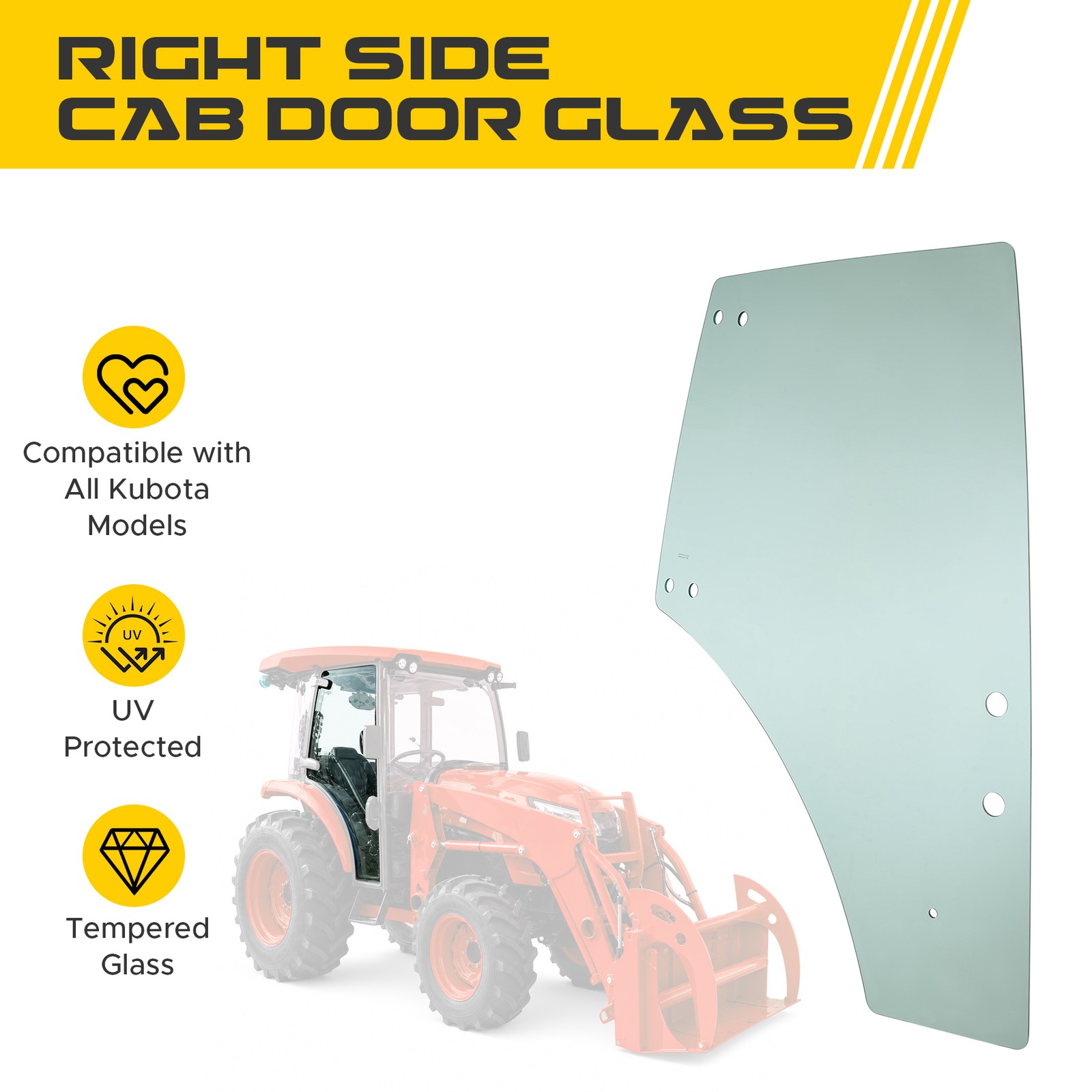 Tempered Glass RH Cab Door Window Glass for Kubota Tractor MODP000006651