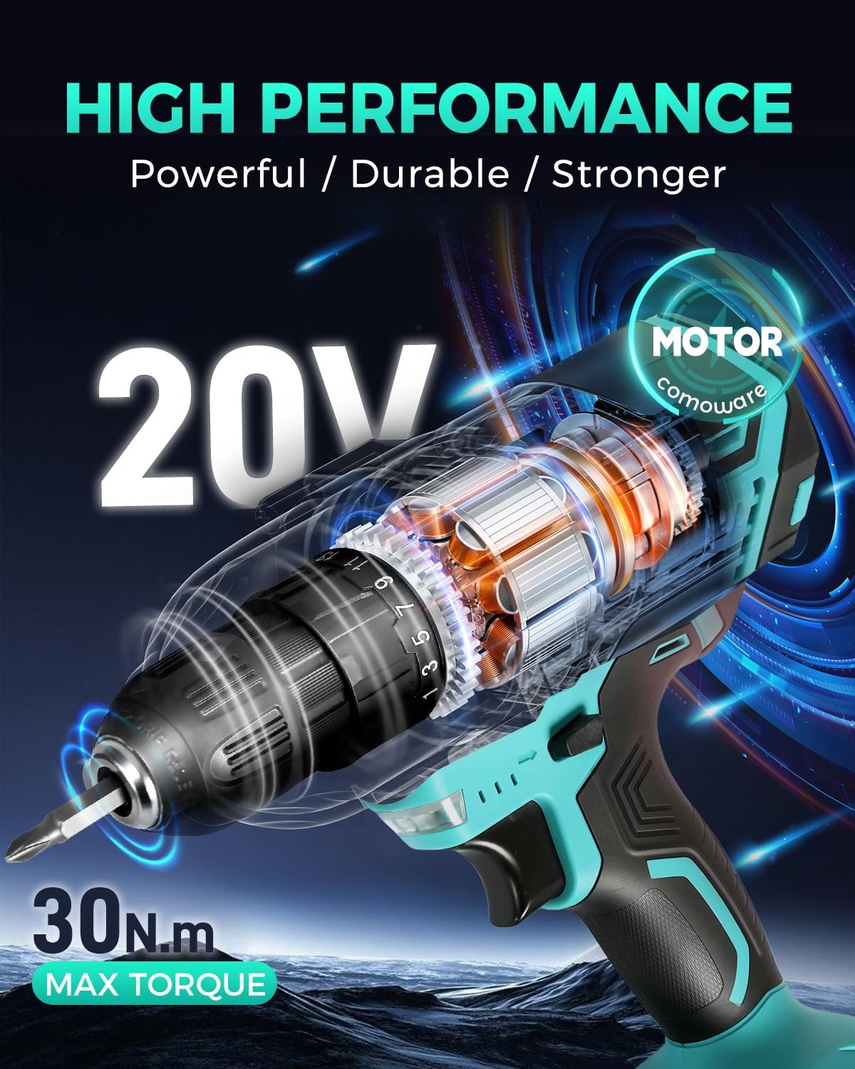 Comoware 20V Cordless Drill Electric Power Drill Set 1 Battery Charger 3/8