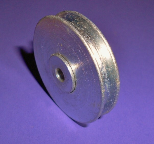 ONE each 2″ Outside Dia. STEEL SHEAVE PULLEY w/Center Hub Bearing 1/4″ U Groove