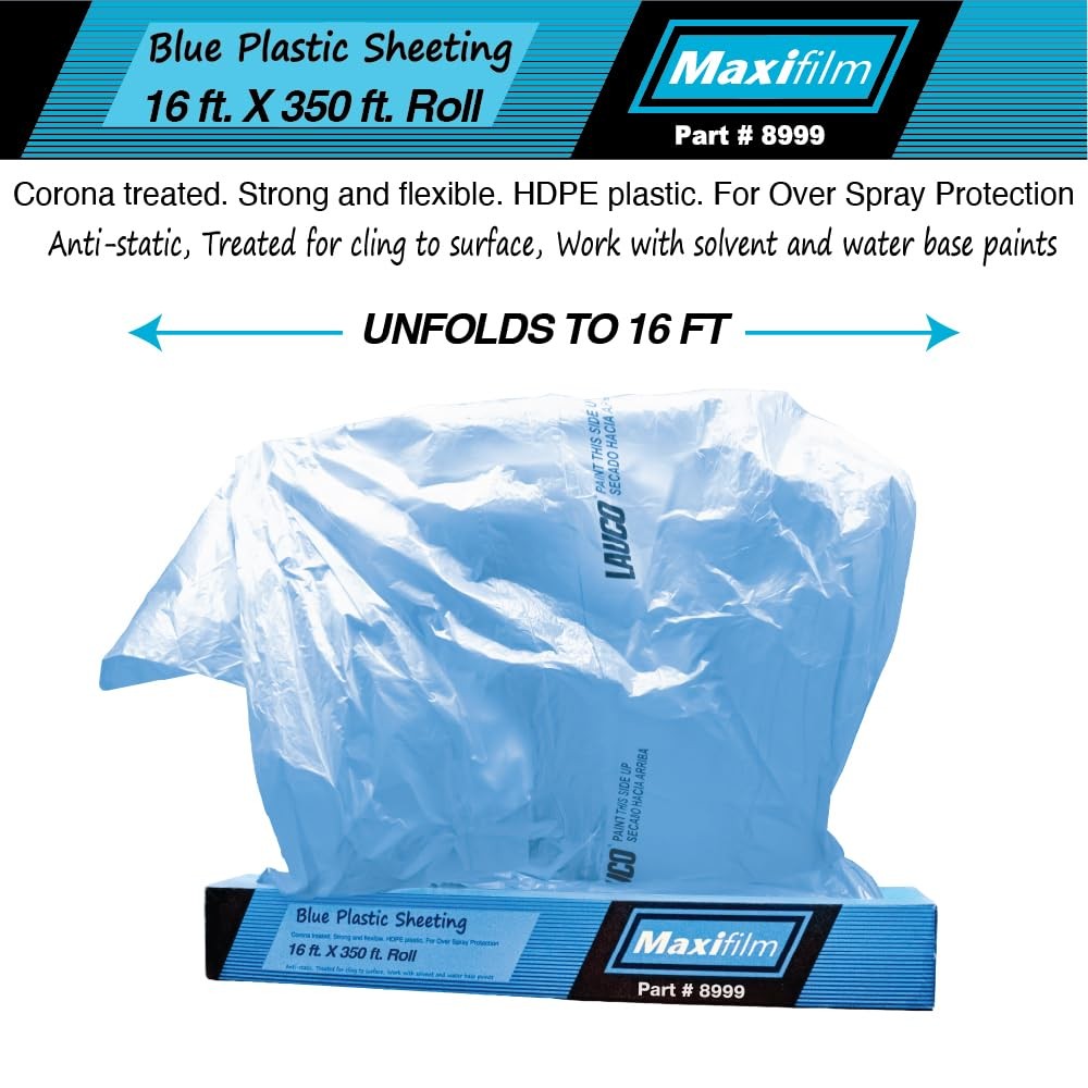 MAXIFILM 16ft x 350ft Roll of Blue Overspray Paintable Masking Plastic Sheeting