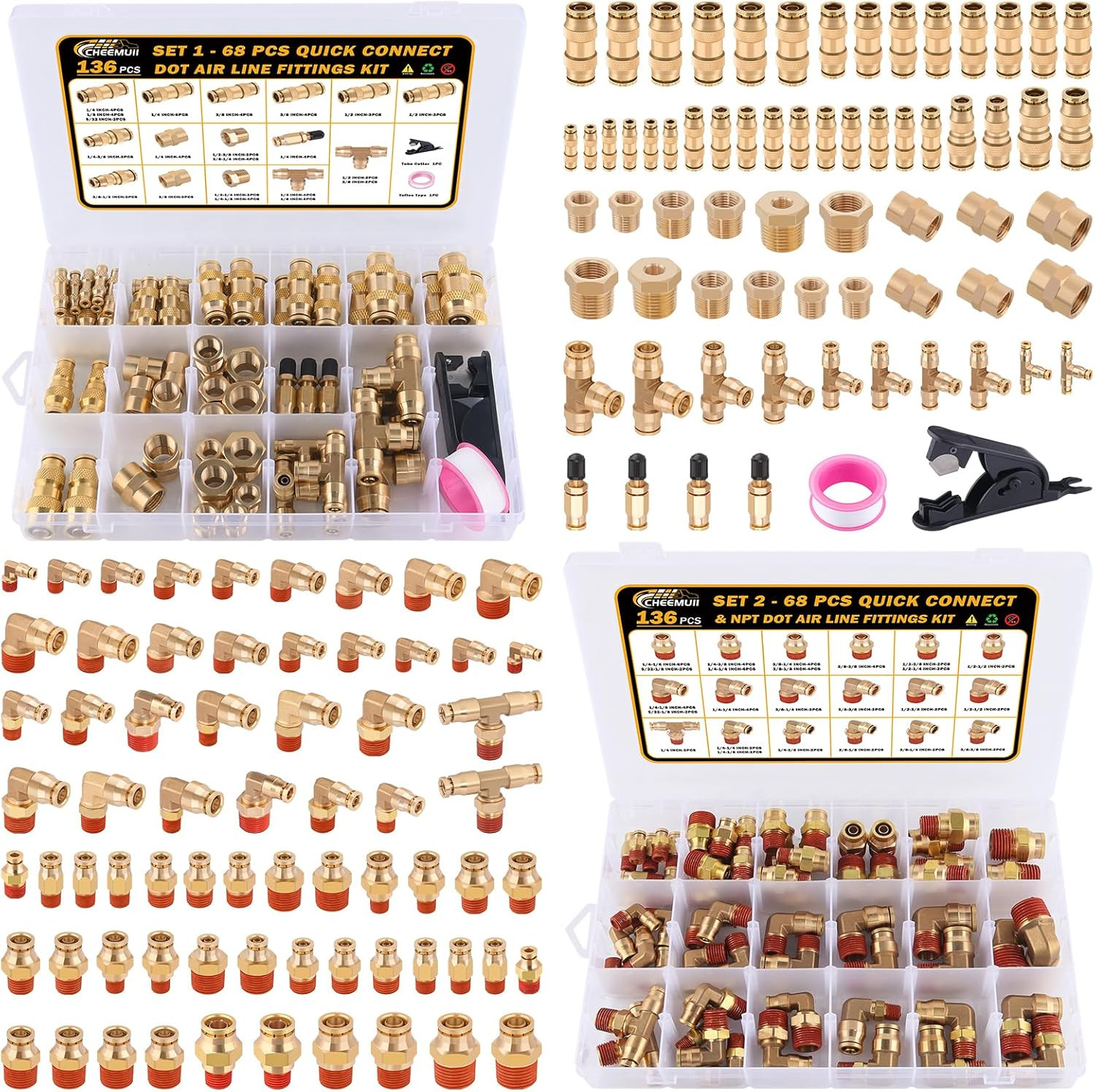 136 PCS Brass DOT Air Line Fittings Kit Push Lock DOT Air Fittings Push to Conne
