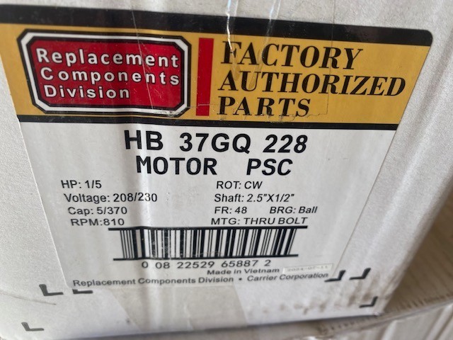 Genuine Carrier 208-230V1Ph 1/6,1/5HP 810RPM, HB37GQ228 Motor (NEW)