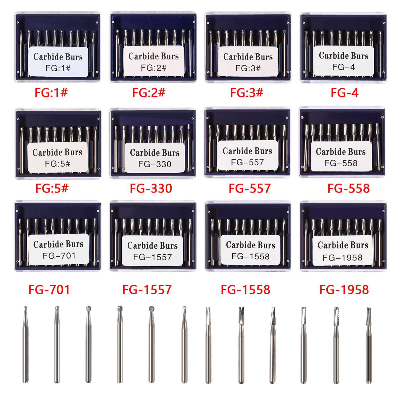 Dental Carbide Burs FG1/2/3/4/5/6/7/8 Round for High Speed Handpiece 10 -100Pcs