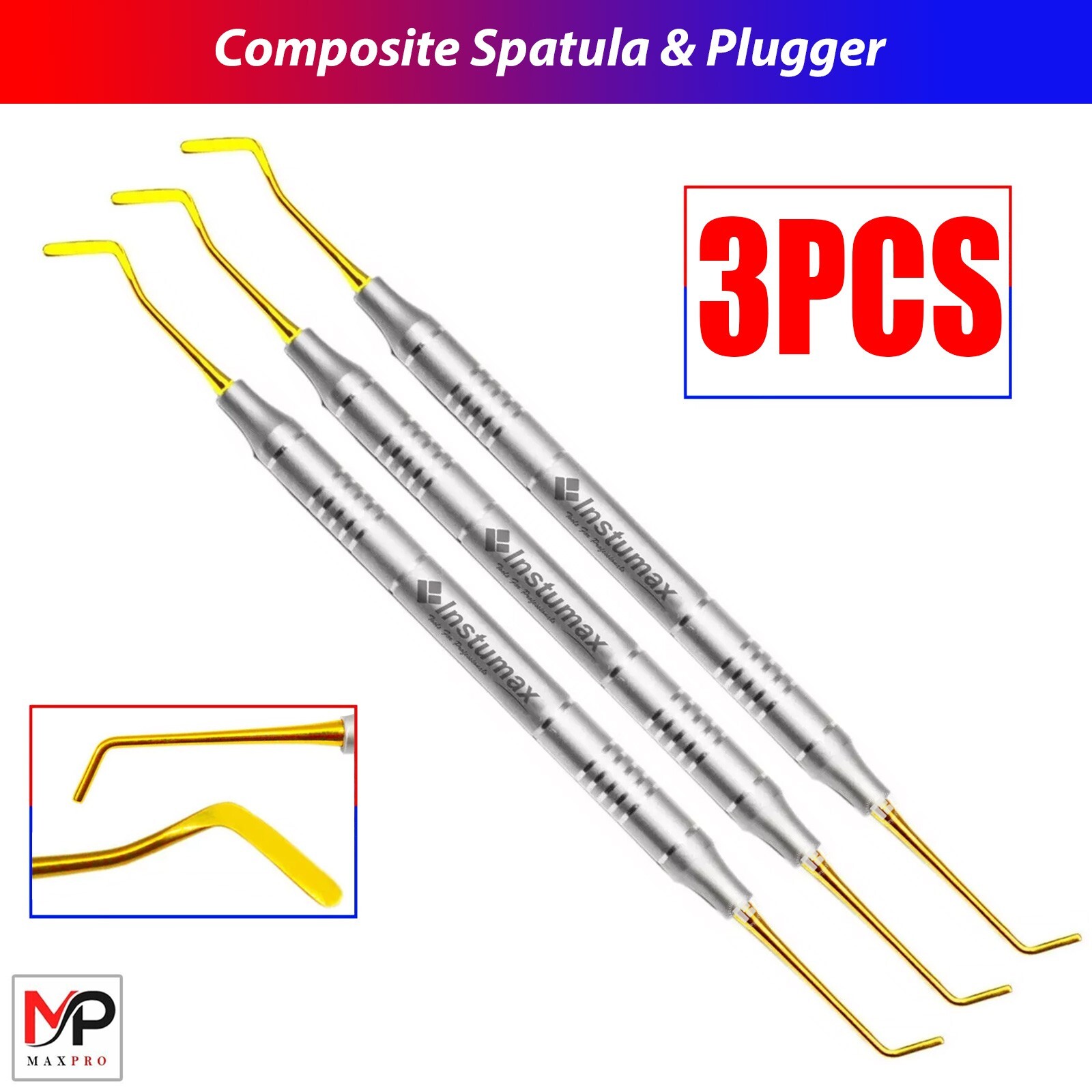 3Pcs Dental Filling Spatula & Plugger Titanium Gold Tips Composite Instruments