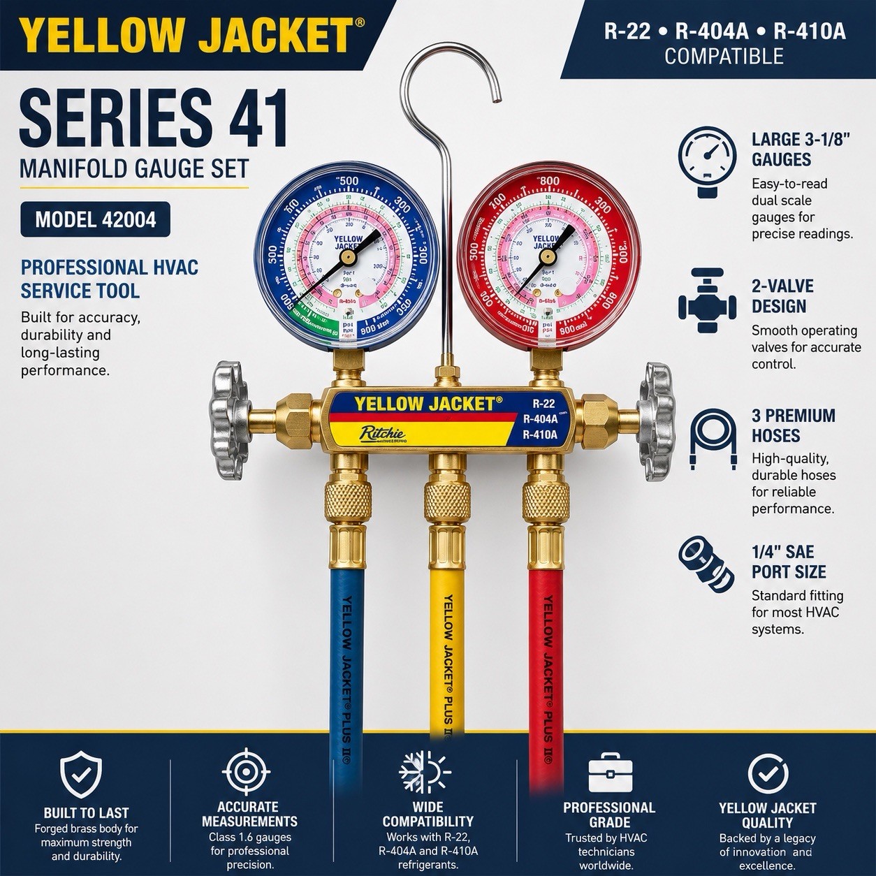 Yellow Jacket 42004 Series 41 Manifold Gauge Set R22 R404A R410A 3 Hoses