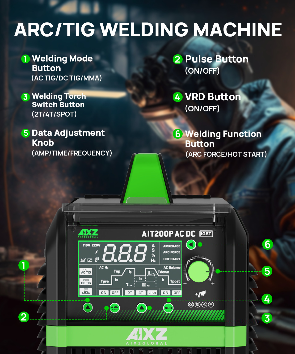 AC DC Aluminium TIG/MMA Welding Machine 200A 110V/230V Pulse Spot HF TIG Welder