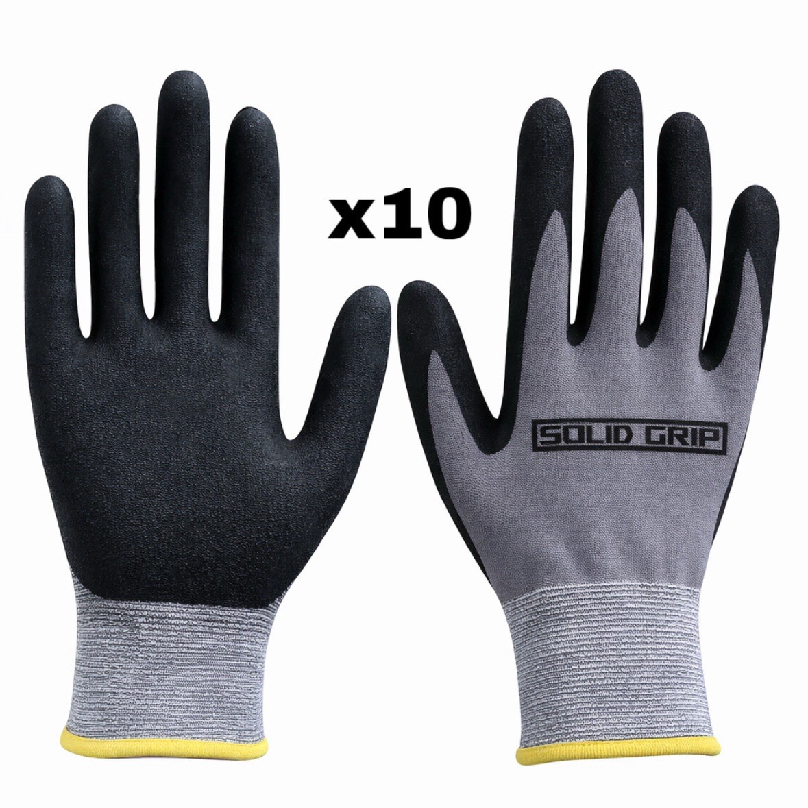 Solid Grip (10-PACK) Gray PROTECTIVE Work Gloves Micro Foam Nitrile Grip Coated