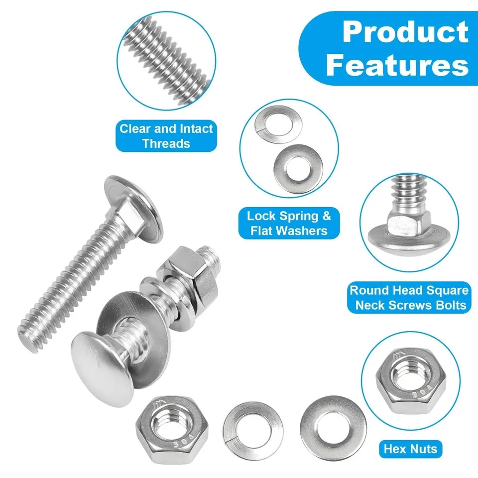24 Sets 1/4-20 x 1-1/4″ Carriage Bolts Screws, 304 Stainless Steel Round Head…