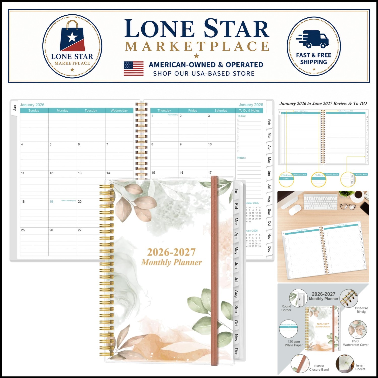 18- Planner 2026-2027 – 9″ x 11″, Inner Pocket & Twin-Wire Binding