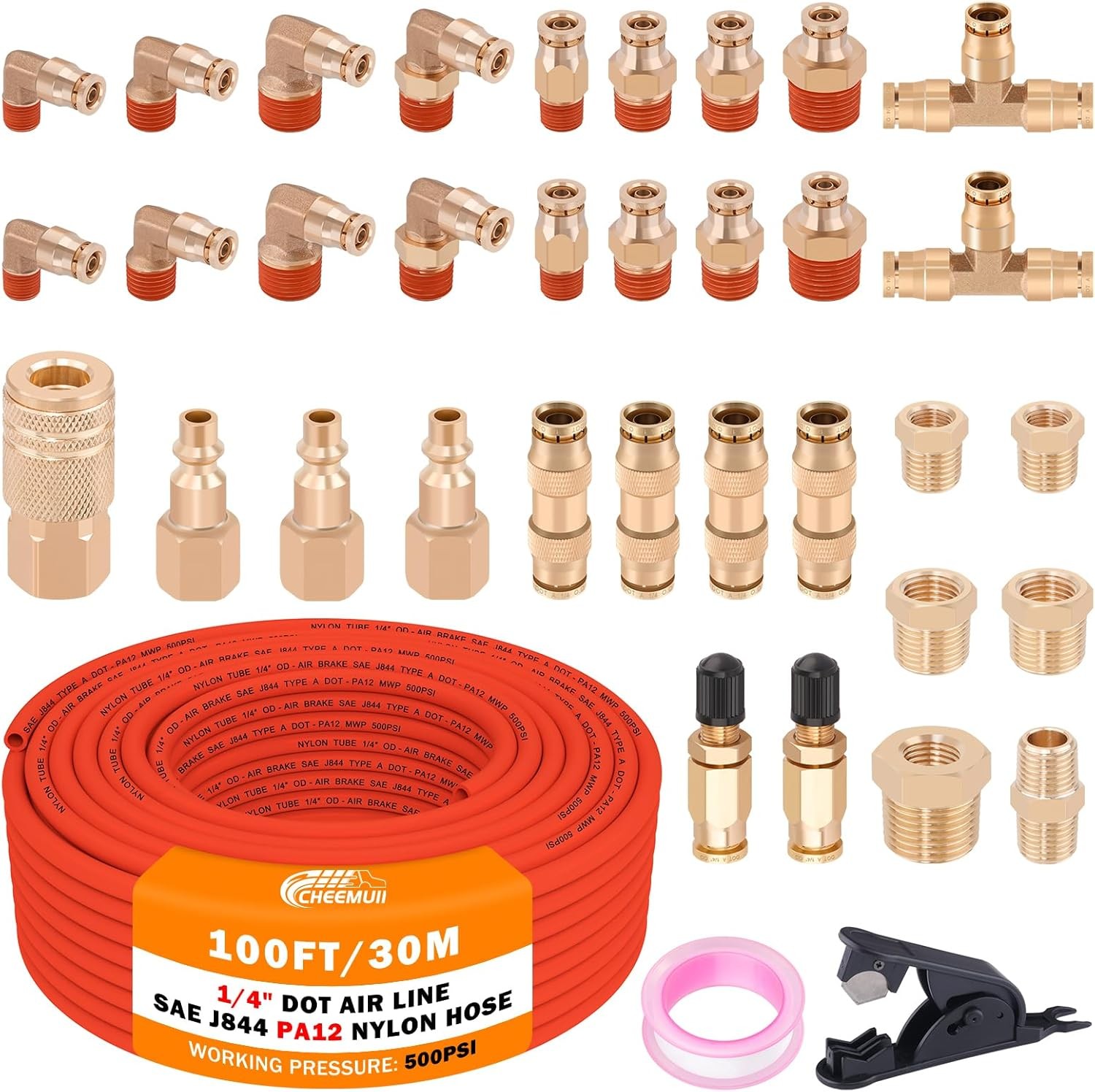 100FT 1/4″ DOT Air Line 34Pcs Brass DOT Air Line Fittings Kit 30.5M Red Air Line