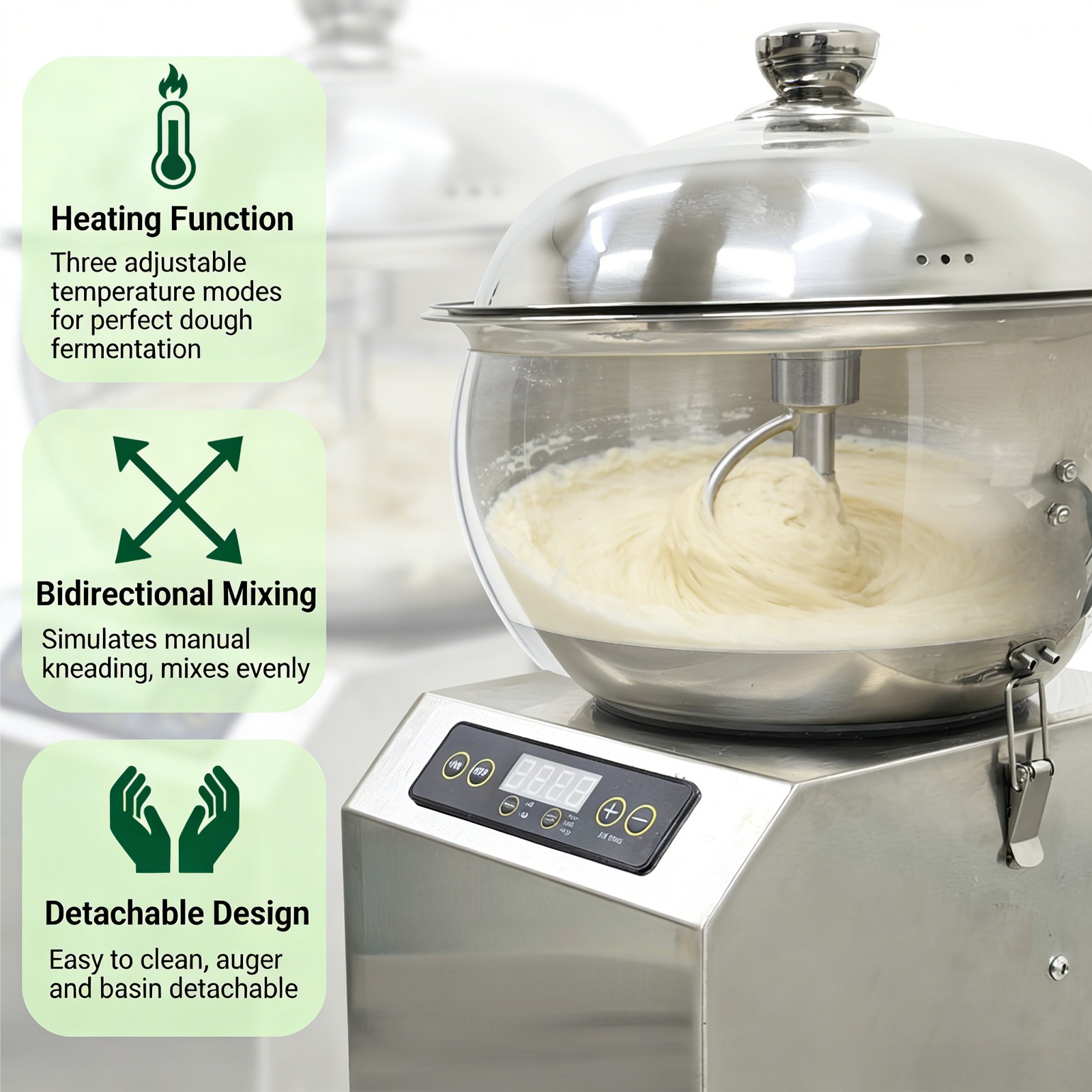 Commercial 8KG Dough Mixer w Detachable Basin, Auto Reverse, 3-Temp Heat & Lock