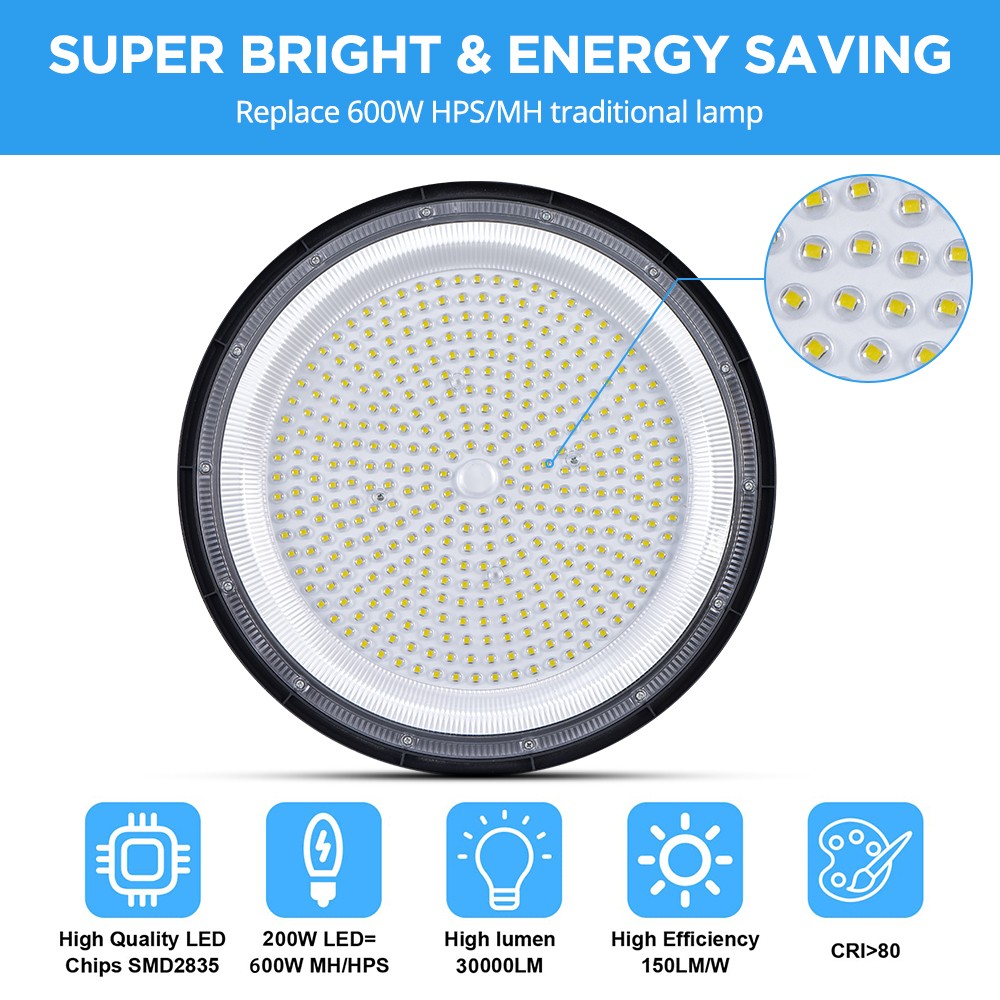5Pcs 200W 20000lm LED High Bay Lights 600W MH/HPS 7000K Warehouse Light Fixtures