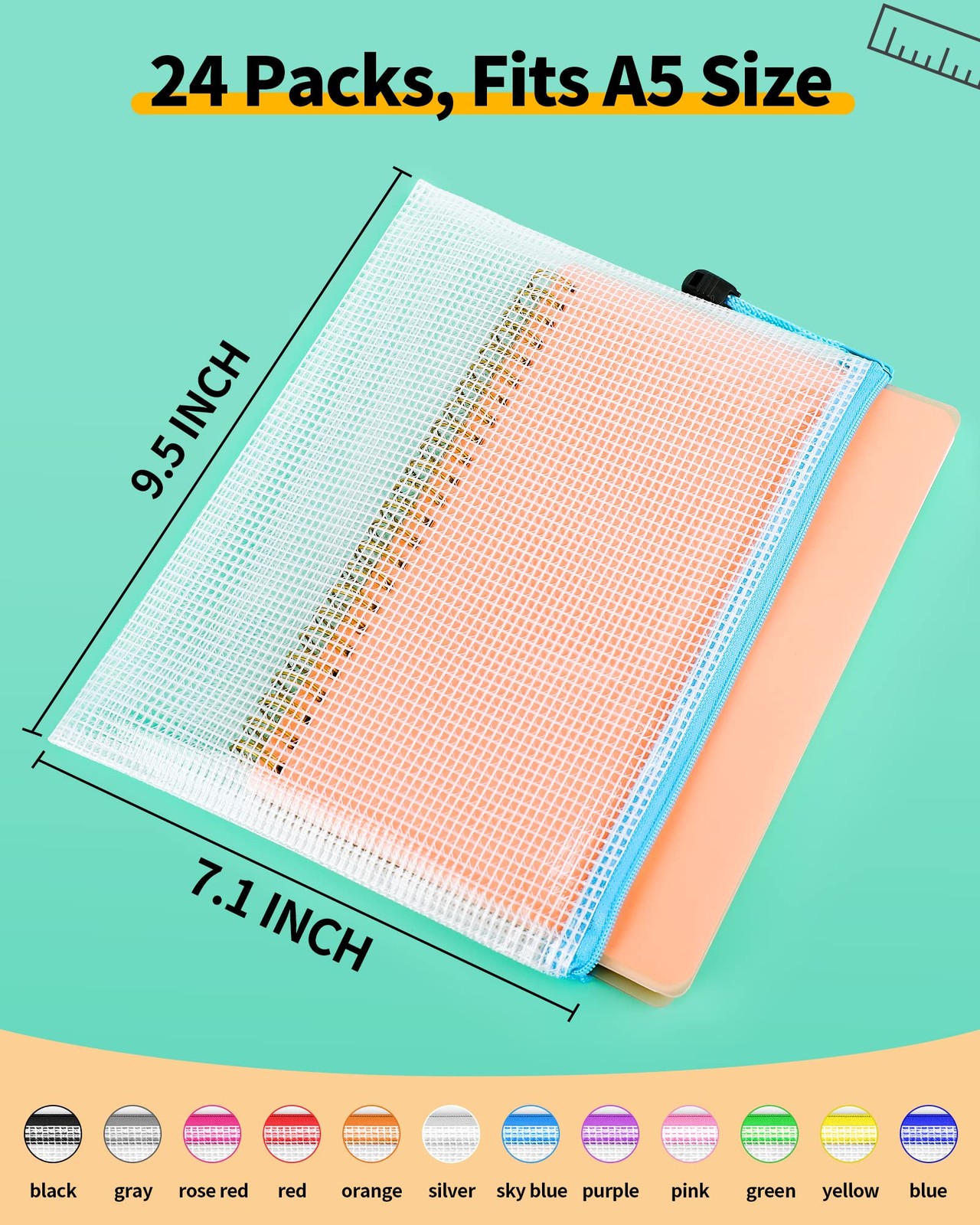 24 PCS A5 Mesh Zipper Pouch 12 Colors 9.5×7.1 In Multipurpose Bags
