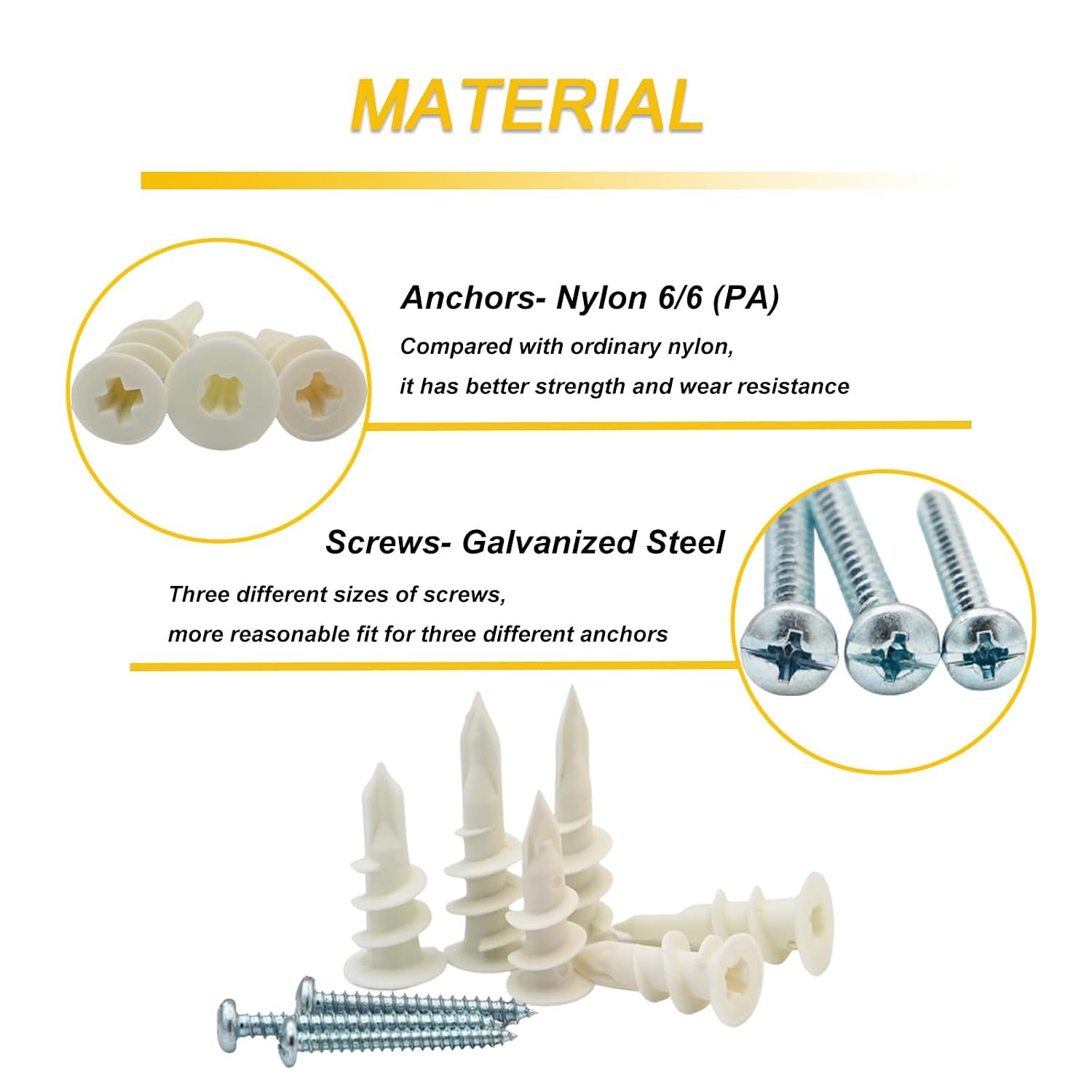 3 Sizes Self Drilling Drywall Anchors, 310PCS Nylon Plastic Wall Anchors