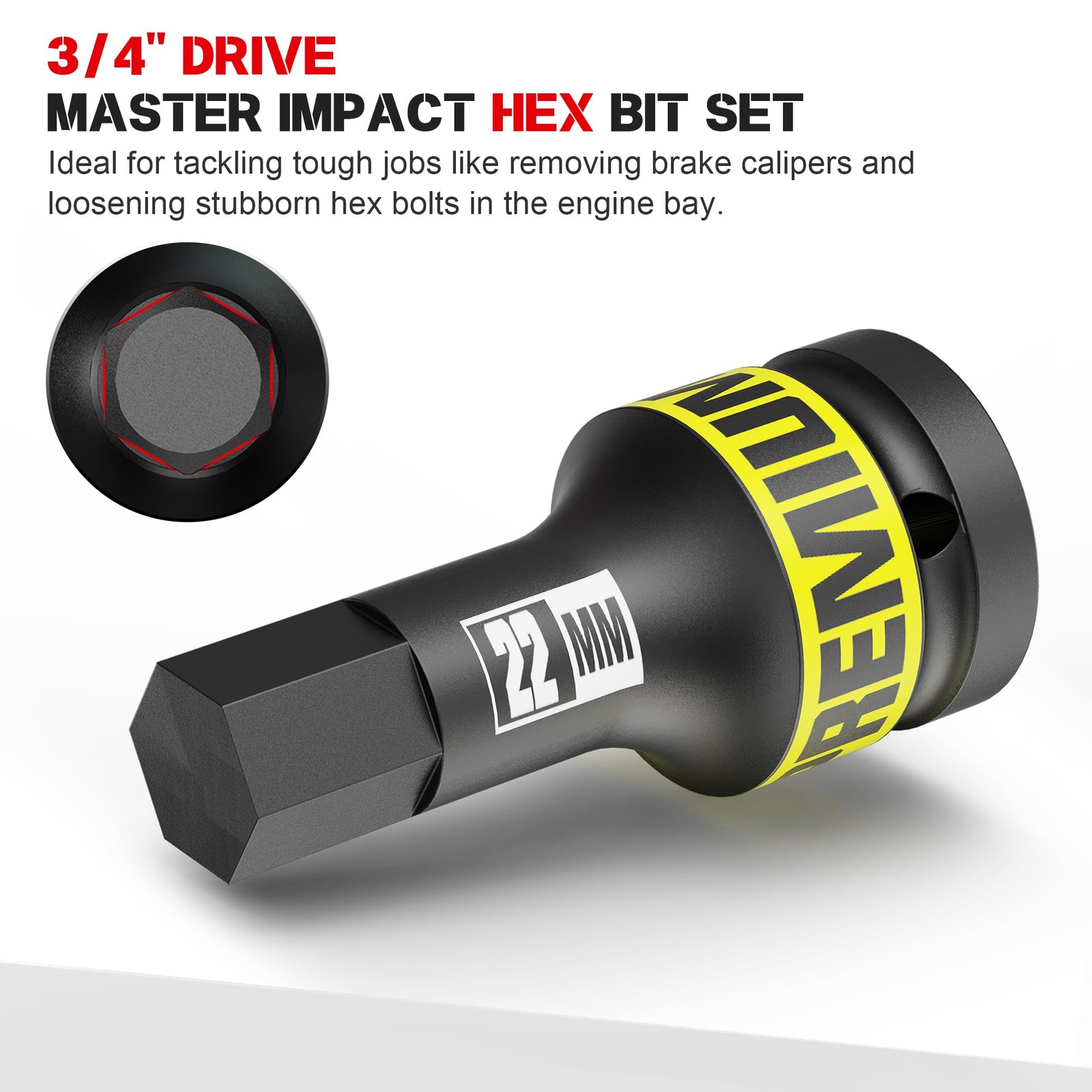 KIRXST 3/4″ Drive Impact Hex Bit Set, 5 Piece Metric Deep, Black