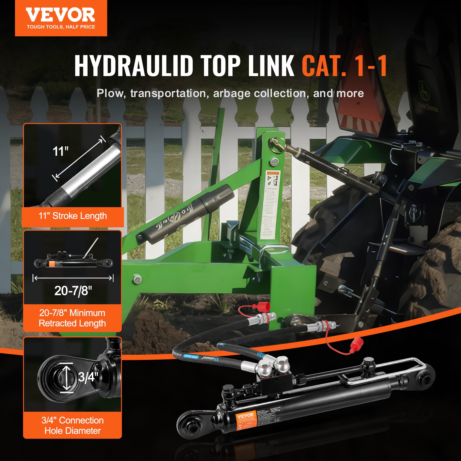 VEVOR Hydraulic Top Link Cat.1-1 (11 in 20-7/8~31-7/8 in) with 2 Hoses