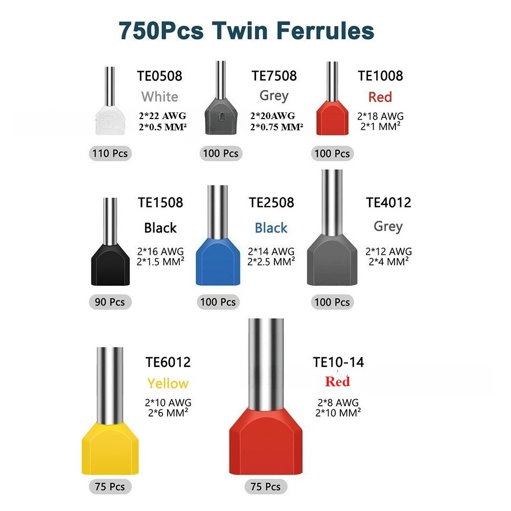 750Pcs Twin Wire Insulated Cord End Terminal Kit Bootlace Ferrules Assortment