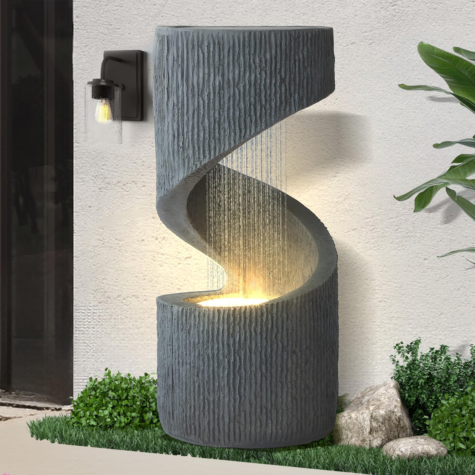 31.9″ S-Shaped Water Fountain LED Lights Cascading Indoor Outdoor Floor Standing