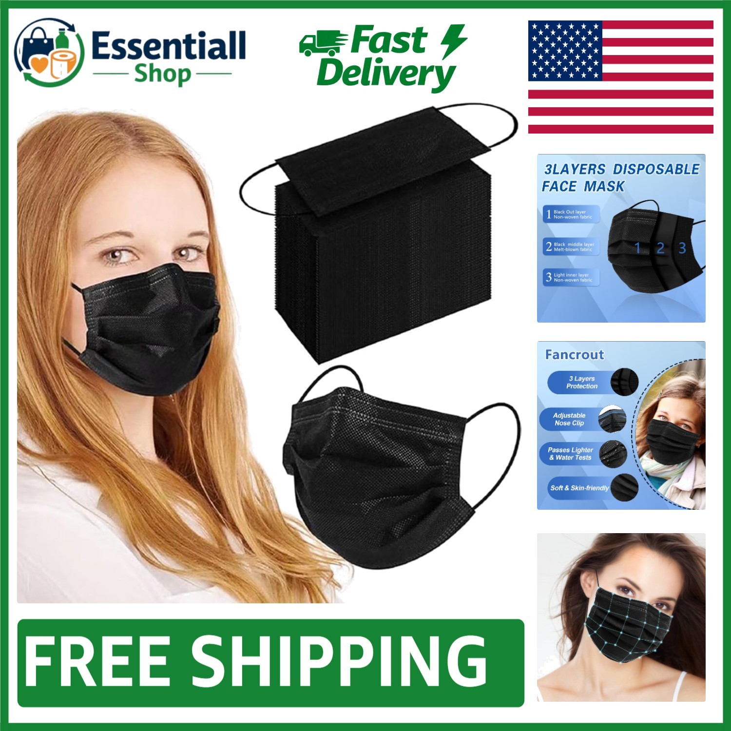 Versatile 3-Ply Black Face Masks – 100Pcs for Daily Use & All Occasions