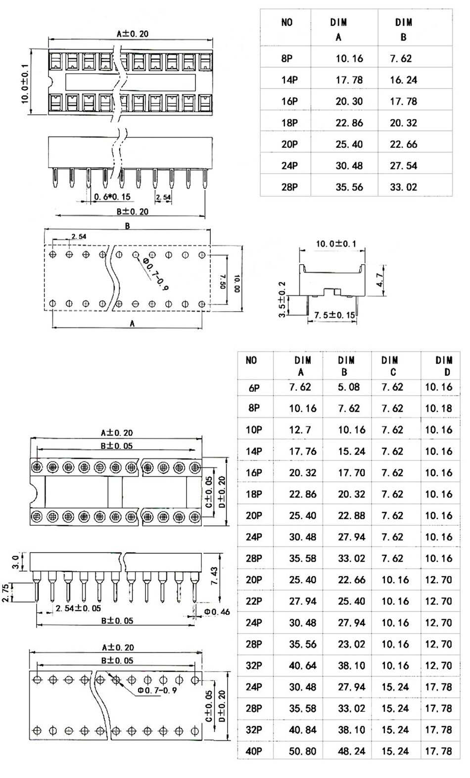 DIL IC Sockets Integrated Circuit Socket DIP Holder 6/8/14/16/18/20/24/28/40 Pin