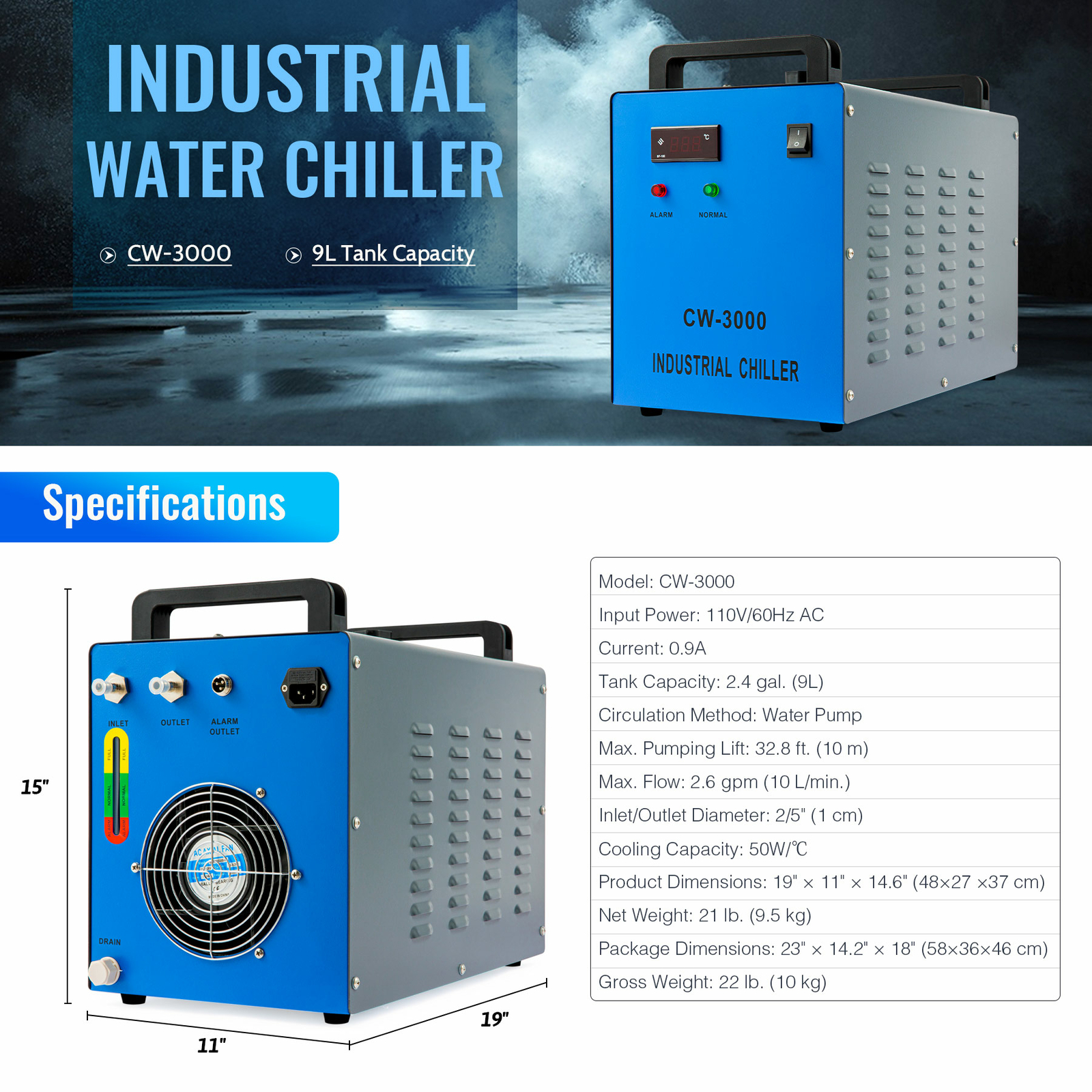 OMTech CW-3000 CW-5200 CW-5202 CW-6000 Water Chiller for CO2 Laser Engraver