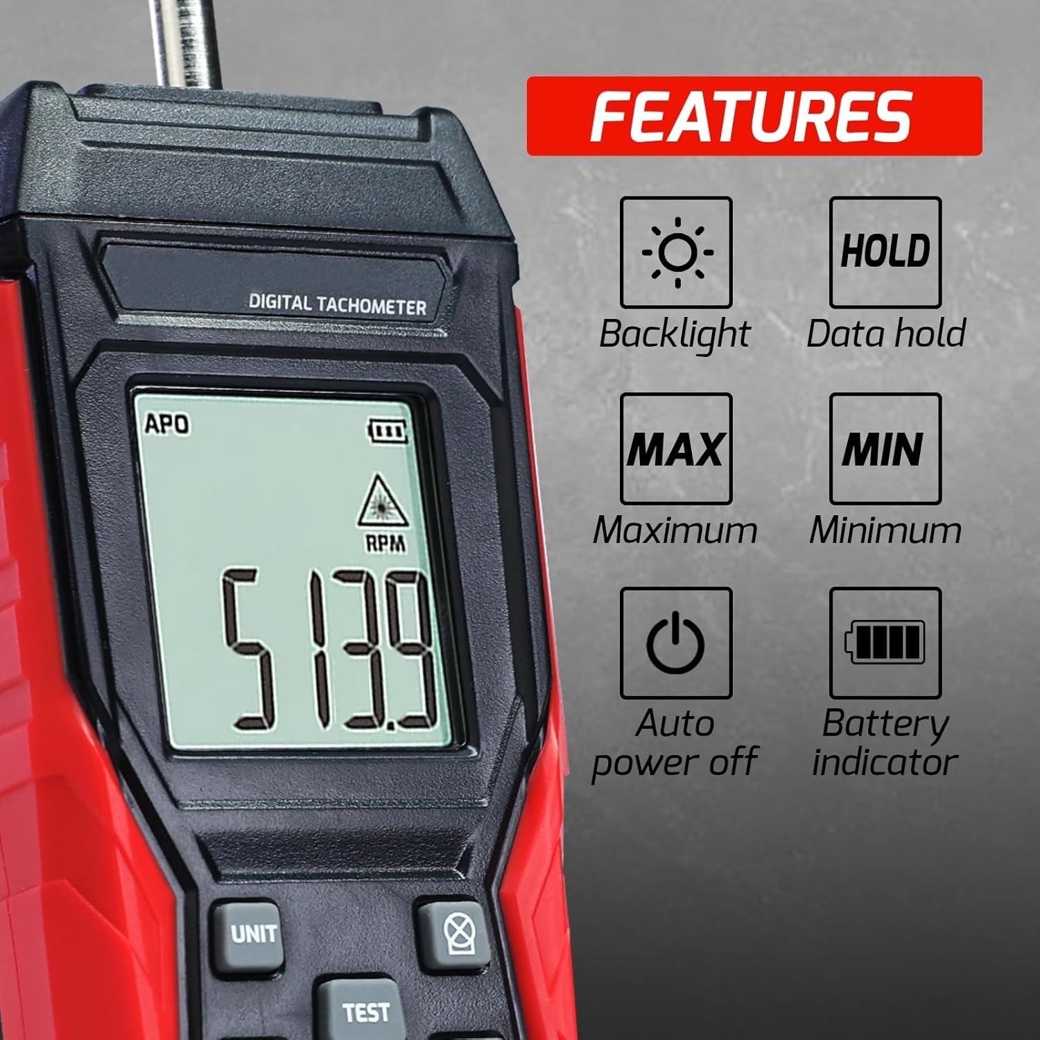 Versatile Digital Tachometer with Data Hold & Backlight – Ideal for Mechanics