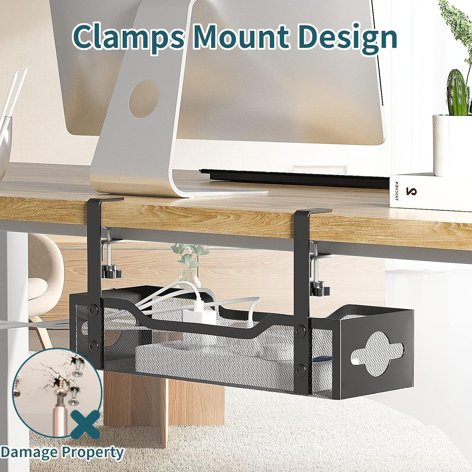 Under Desk Cable Management Tray No Drill 15.1’’, Metal Mesh Black