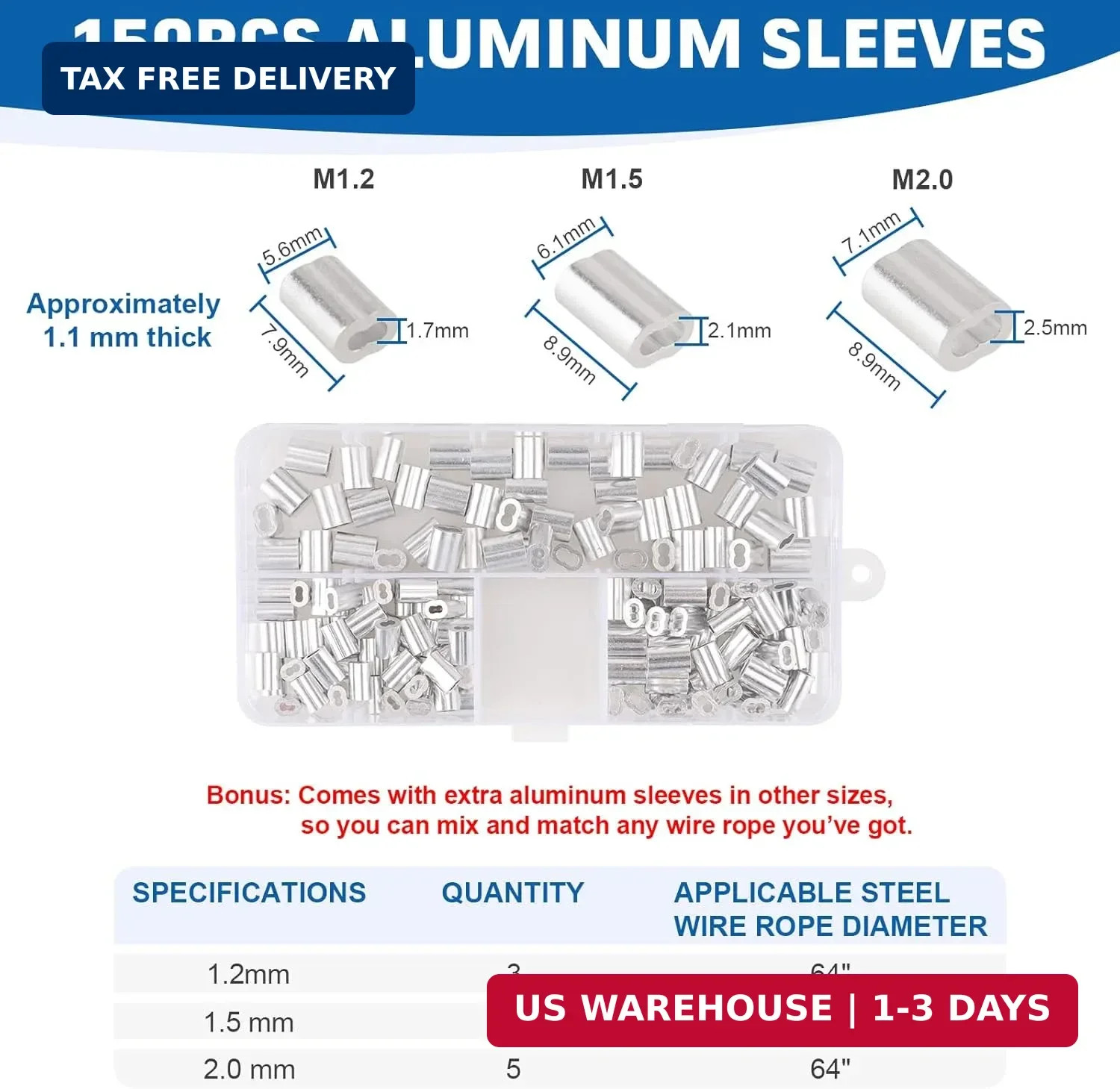 1/16IN 66FT Wire Rope Crimping Tool with 150pcs Aluminum Crimp Sleeves | Stainle