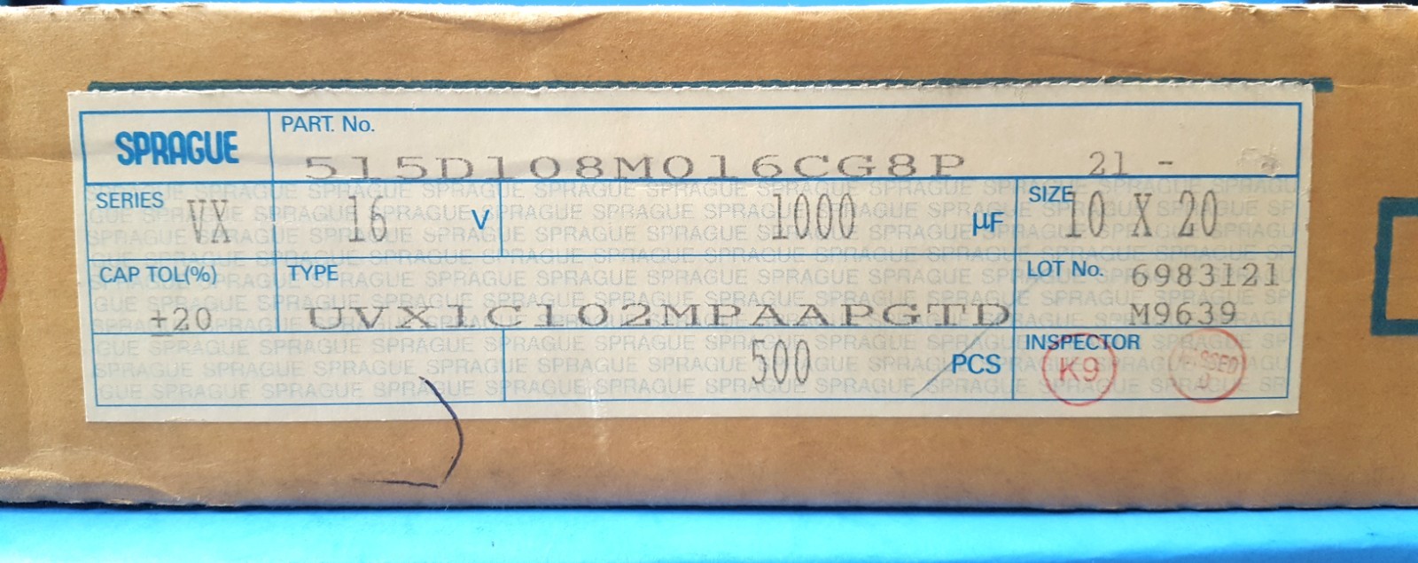 500Pcs- Electrolytic Capacitor, 515D108M016CG8P, SPRAGUE, 1000UF/MF, 16V, 20%