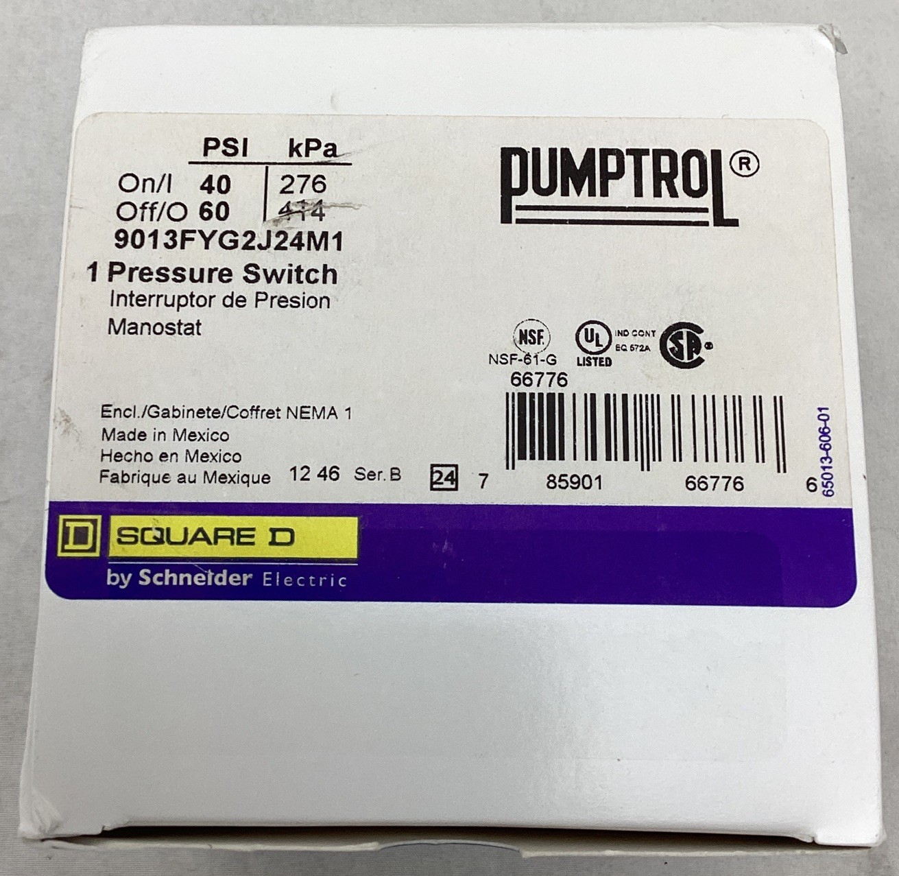 Square D / Pumptrol 40-60psi 1/4″FPT Pressure Switch 9013FYG2J24M1 ~ New