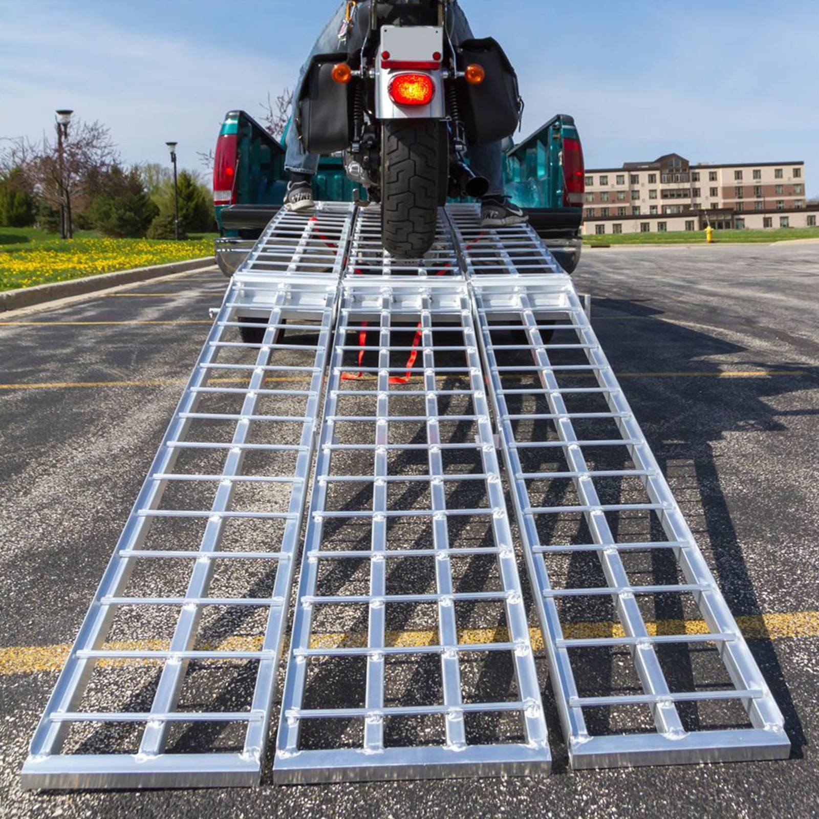 Black Widow 10′ Folding Motorcycle Ramp for Pickup Truck, Arched 3 Pieces Silver