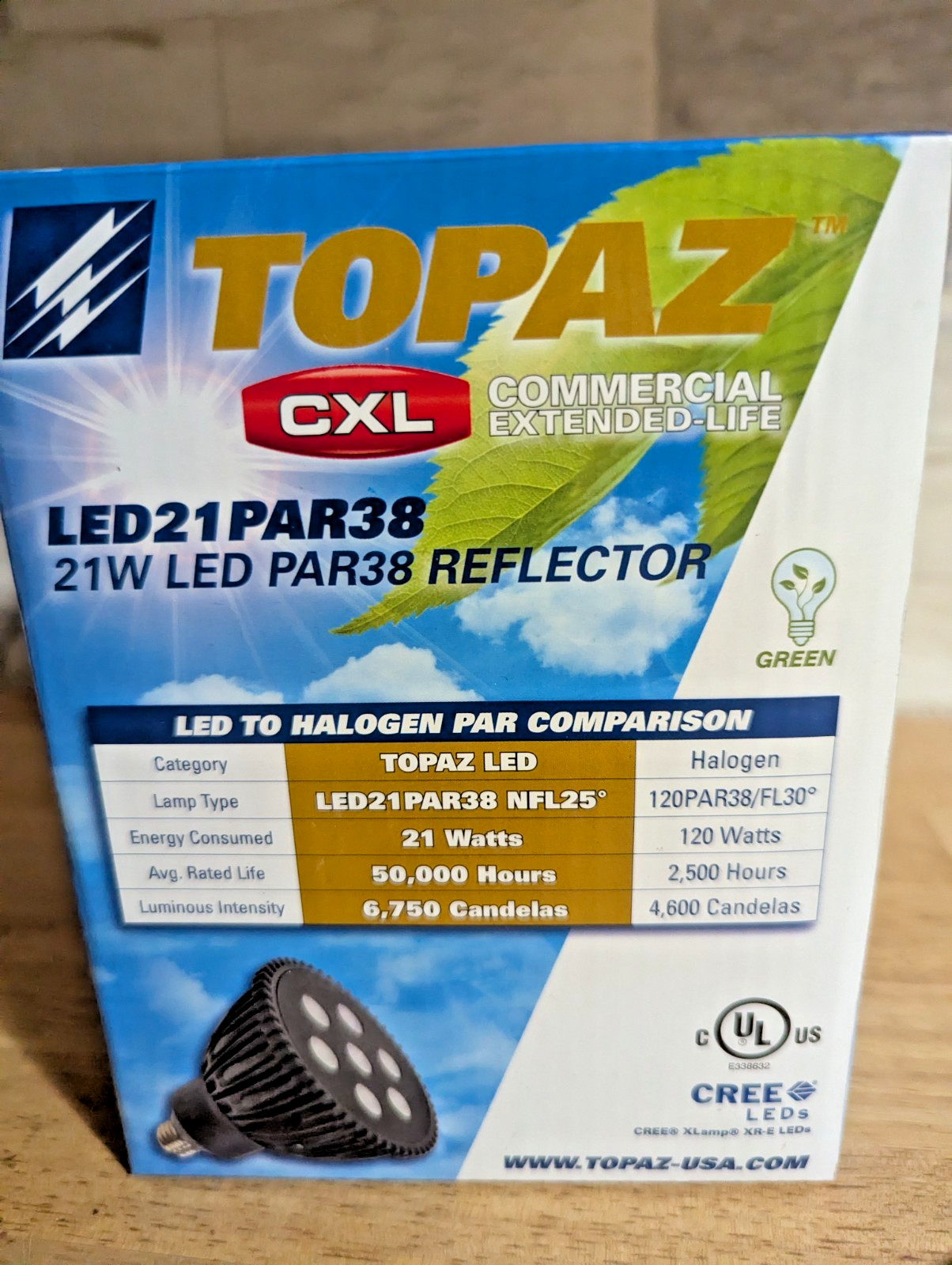 NEW in Box TOPAZ LED 21W PAR38 Reflector Light Bulb 50000 Hours CREE SP-15 3200K