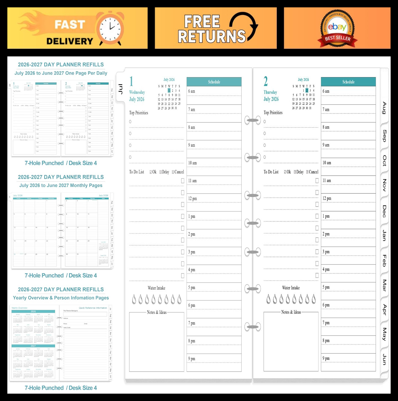 Daily & Monthly Planner Refills 2026-2027, 7-Hole Punched, To-Do List, Desk Size