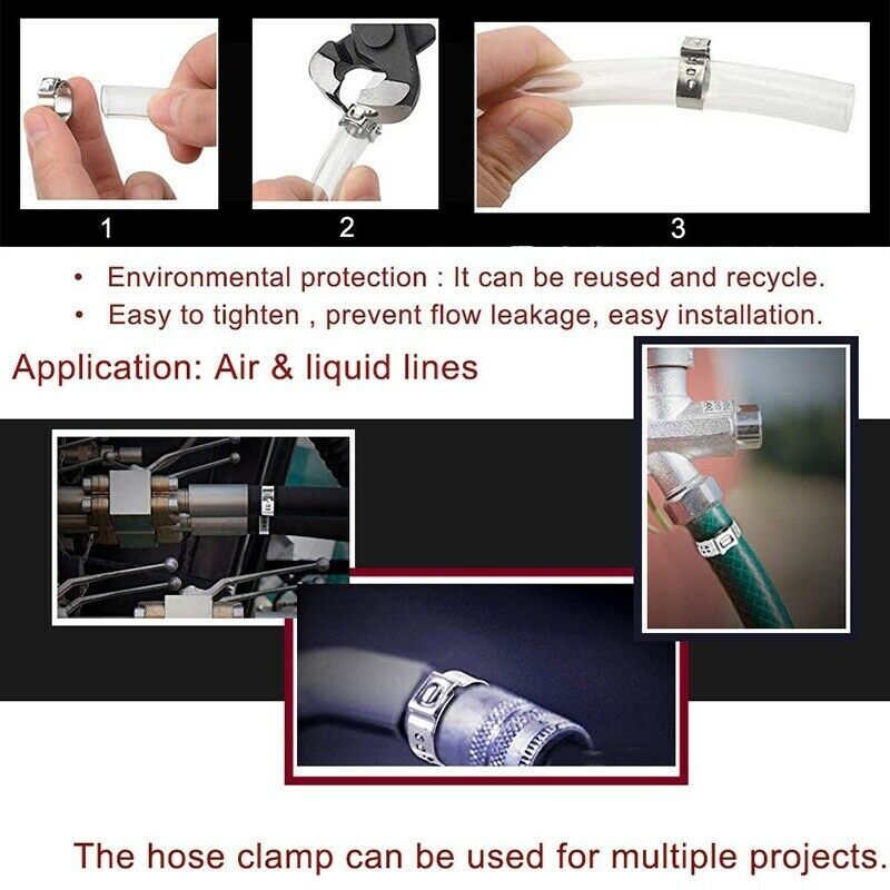 100PCS Assortment Hose Clamps Kit Stainless Steel Ear Cinch Ring Crimp Pinch Set