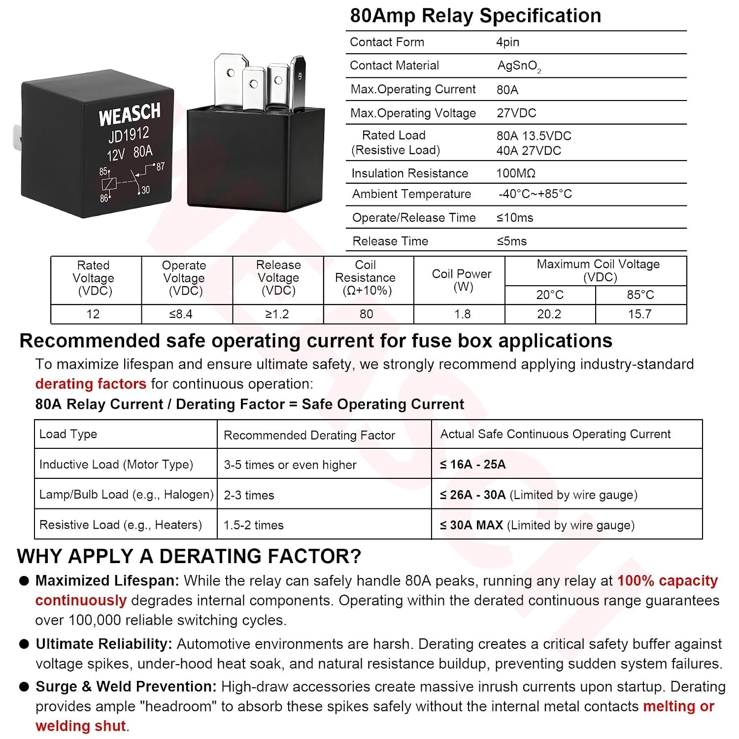 12V 3 Way Pre-Wired Fuse Relay Box, 4-Pin 80A Relay Block and Kit, 3 Relays a…