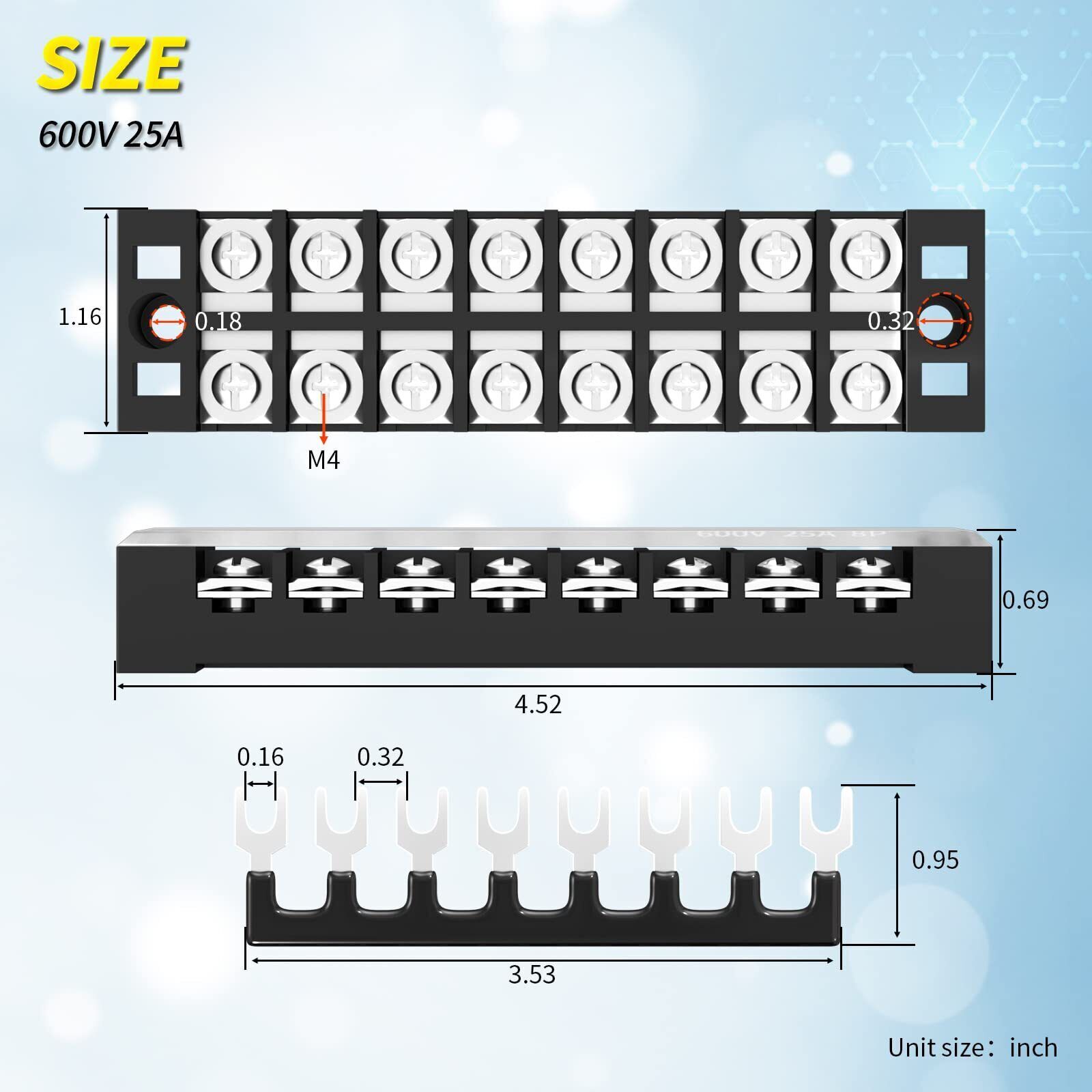 8 Position Terminal Block 25A 600V Dual Row Screw Terminal Strip Dual Row wit